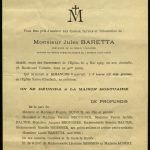 Faire-part de décès de Jules Baretta, 1923. Y sont précisés ses titres et mérites : on peut ainsi y découvrir que Jules Baretta avait été nommé chevalier de la Légion d’honneur en 1889.