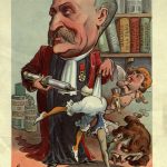 Le Pr Gaucher (1854-1919), caricature de Moloch, tirée du journal mensuel Chanteclair, 1908.