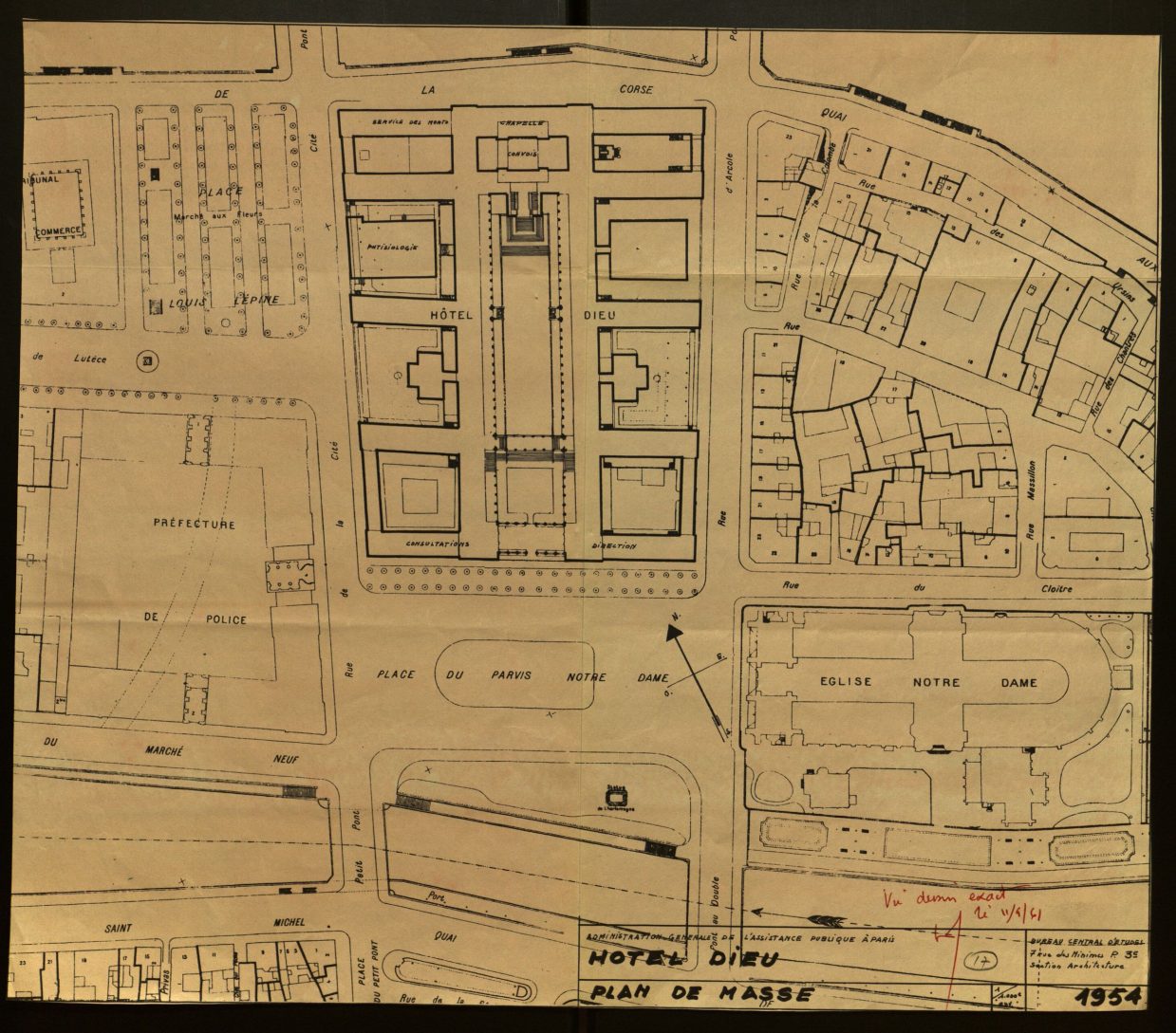 Hôtel-Dieu, plan de masse, plume N/B, 36,3 X 42,1, 1954.