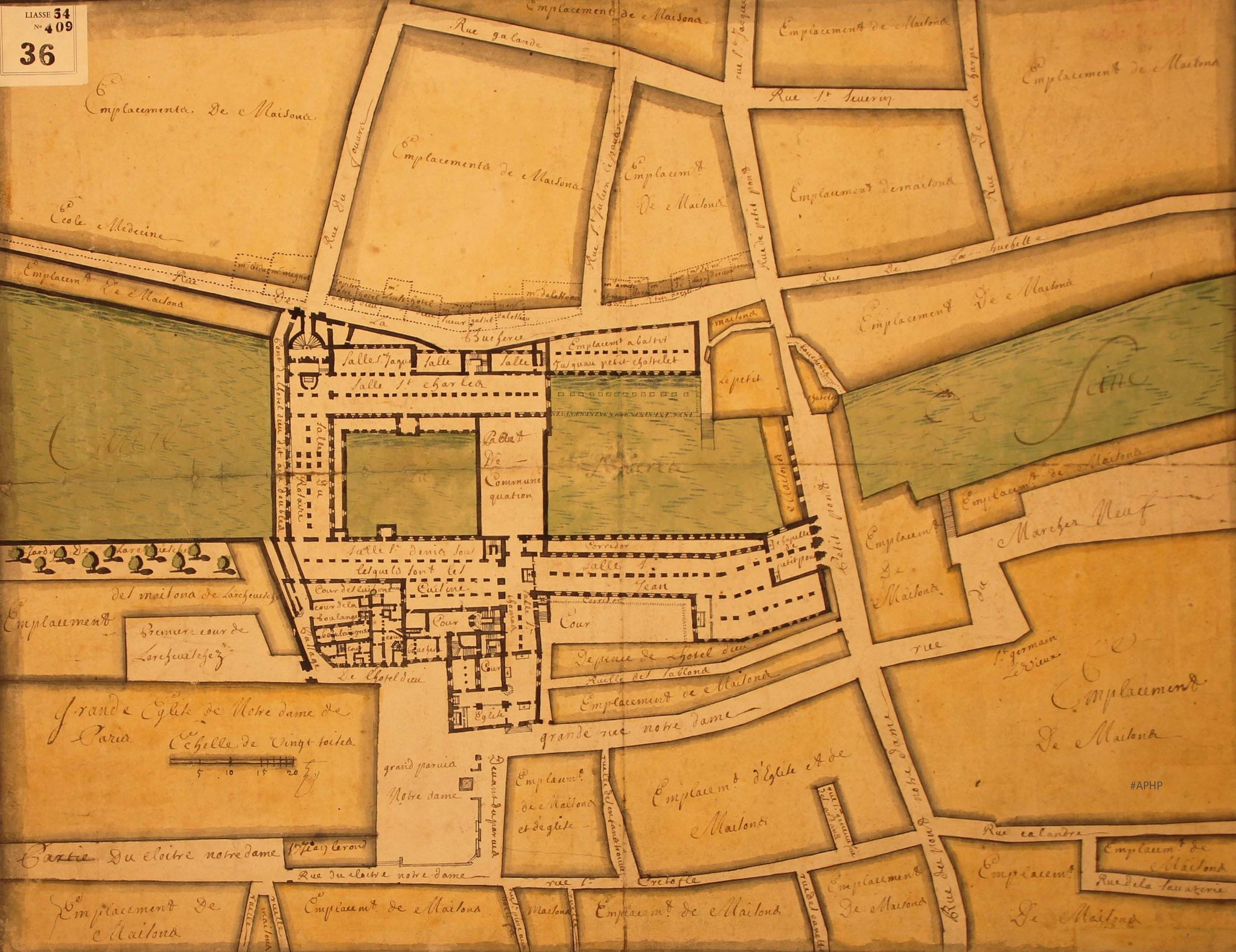 Plan de l’Hôtel-Dieu et de ses environs, 1697 (Archives AP-HP, Candille/36).