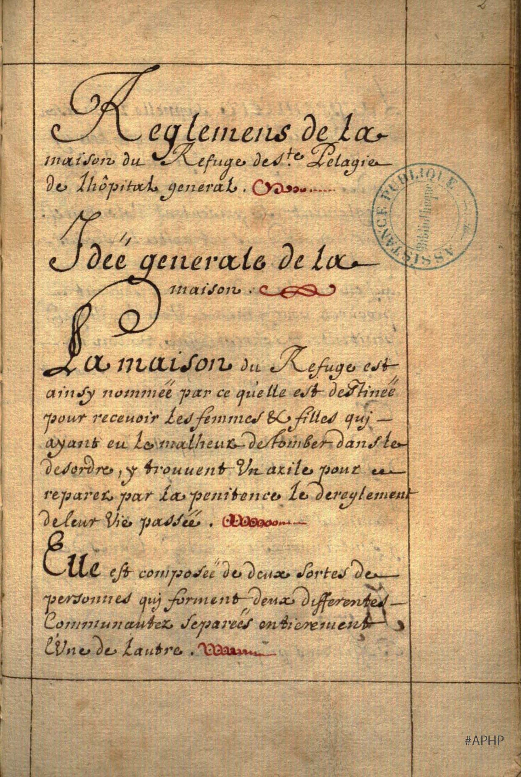 Règlement de la maison de refuge de Sainte-Pélagie, 1680 (Archives AP-HP, 834FOSS/19).