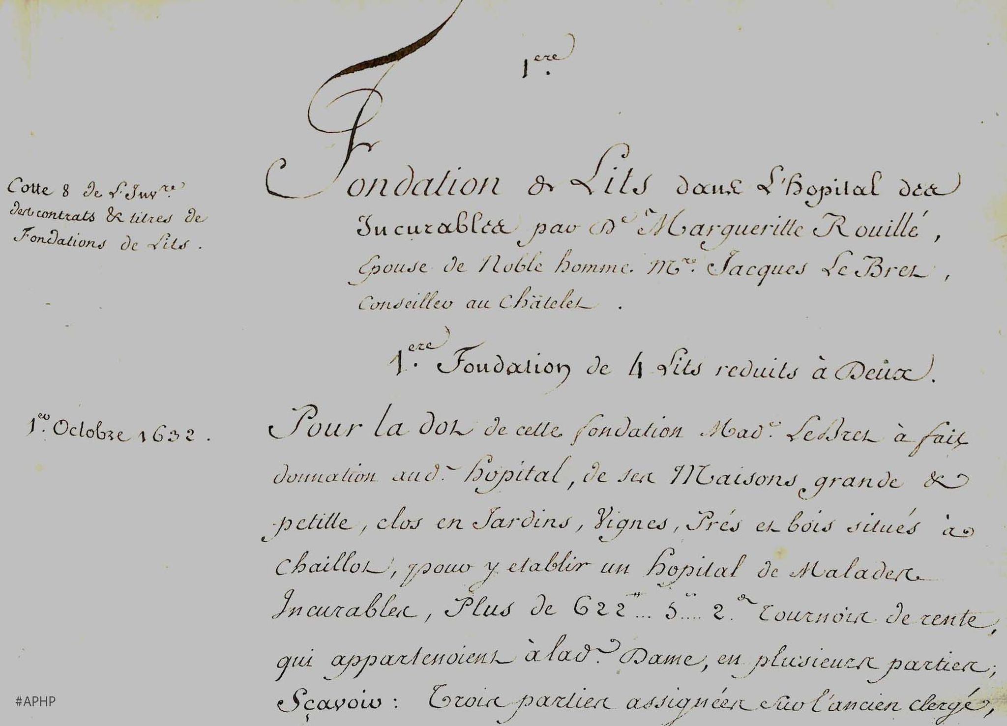 Registre des fondations de lits à l’hôpital des Incurables de 1632 à 1796 (Archives AP-HP, IN/190).