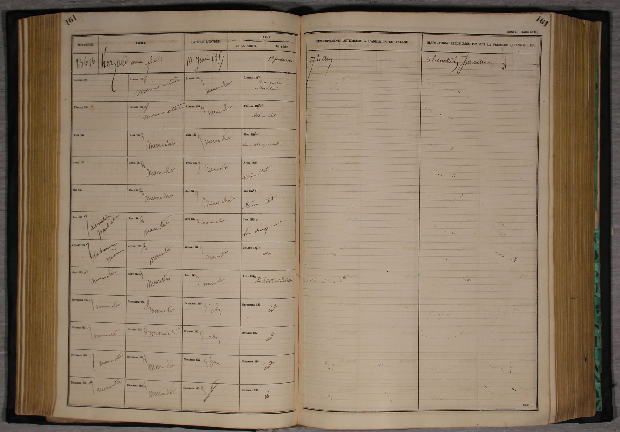 Registres d’observations de 1834-1869 et de 1919-1921 de l’hôpital Salpêtrière (Archives APHP, SALPETRIERE/6/R/2).