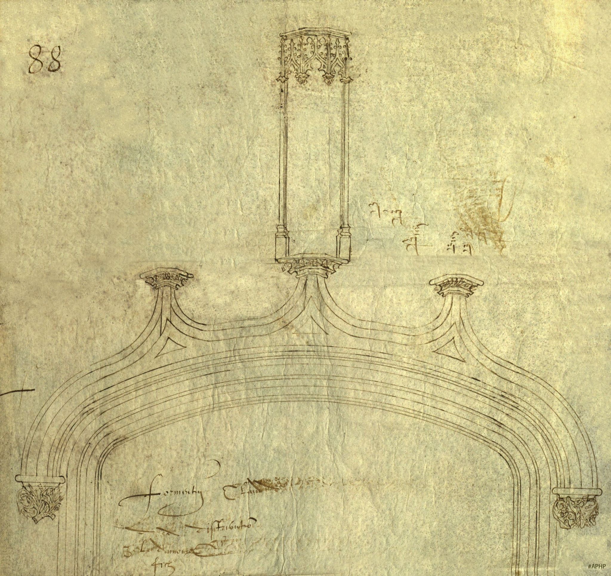 Dessin d’un portail à construire à l’entrée de la cour de l’église de l’hôpital Saint-Jacques, 1474 (Archives AP-HP, SJP/41).