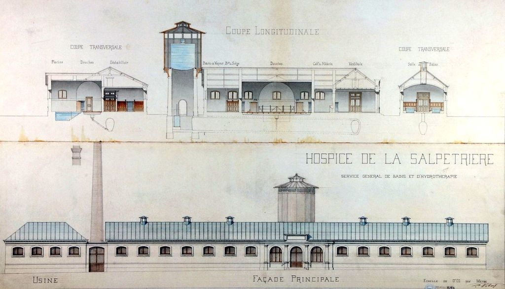 Plan du service général de bains et d'hydrothérapie de la Salpêtrière, 1887 (Archives AP-HP, 793FOSS/58/13)