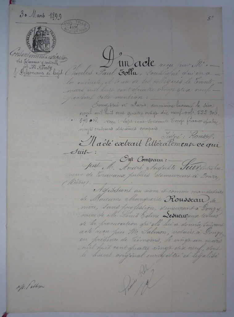 Consentement à exécution des testament et codicille de M. Kentz et délivrance de legs, 30 mars 1899 (Archives AP-HP, 455W/272).