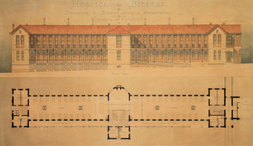Élévation de la façade et plan du quartier des enfants idiots et épileptiques de Bicêtre, 1886 (Archives AP-HP, 793FOSS8/11).