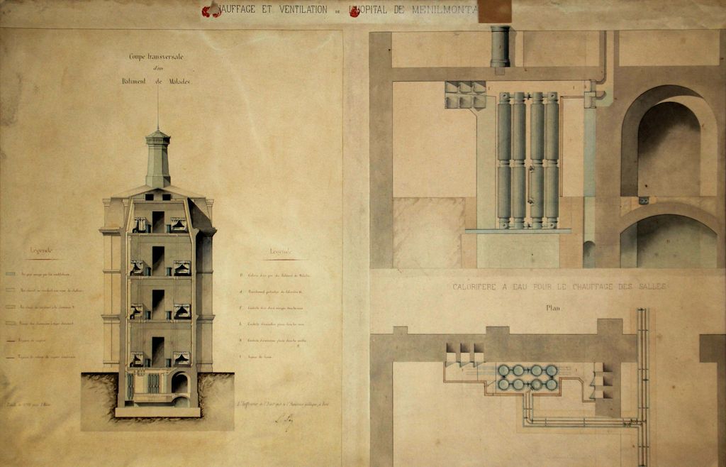 Plan du chauffage et de la ventilation du bâtiment et des salles des malades, hôpital Tenon, vers 1879 (Archives AP-HP, 793FOSS/46/3).