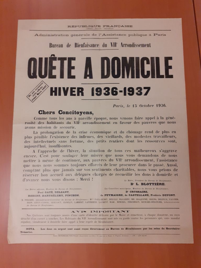 7e arrondissement, affiche lançant la quête publique à la veille de l’hiver 1936-1937 (Archives AP-HP, 4FI/1573).