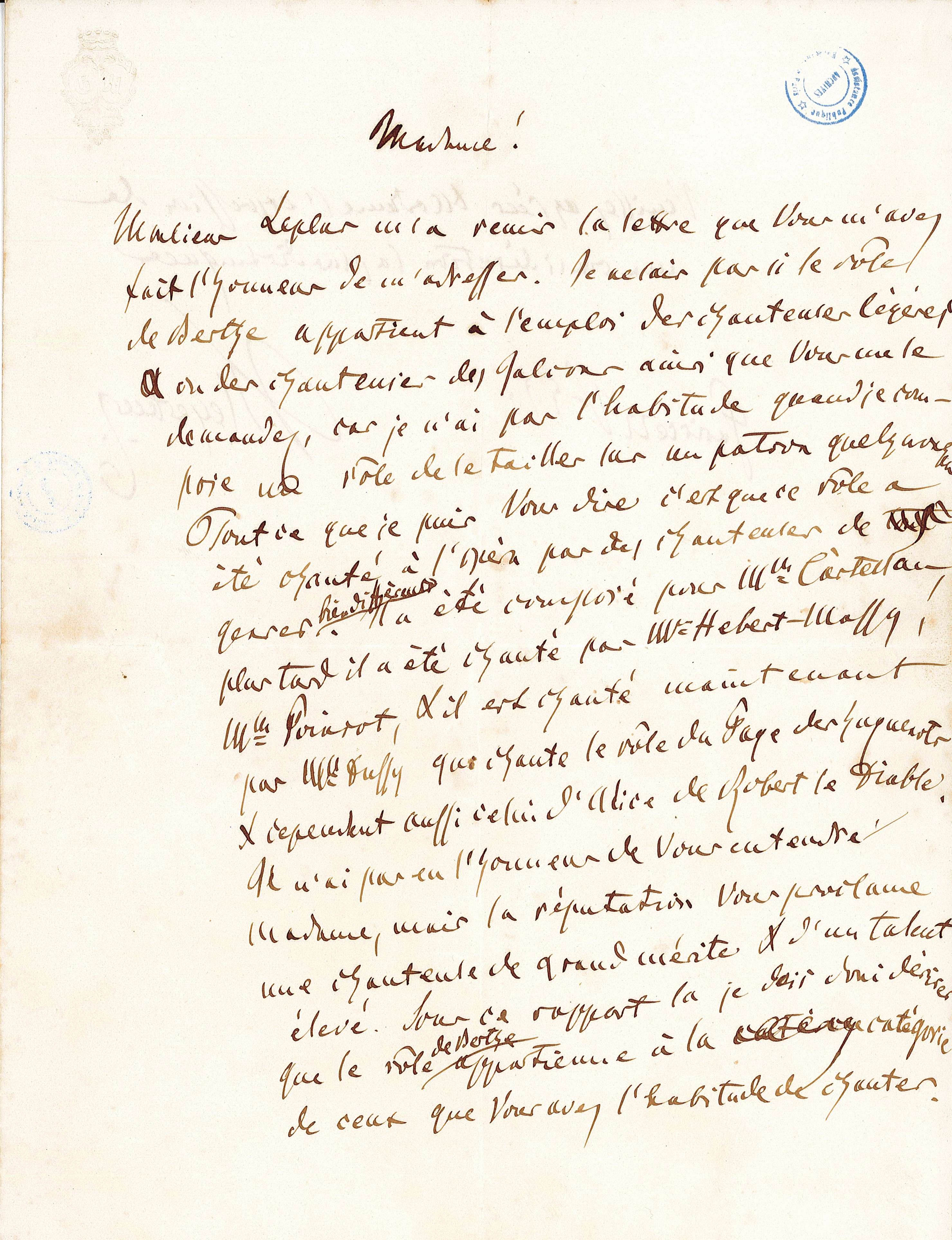 Lettre autographe signée de Meyerbeer, septembre 1857 (Archives AP-HP, 587FOSS/9).
