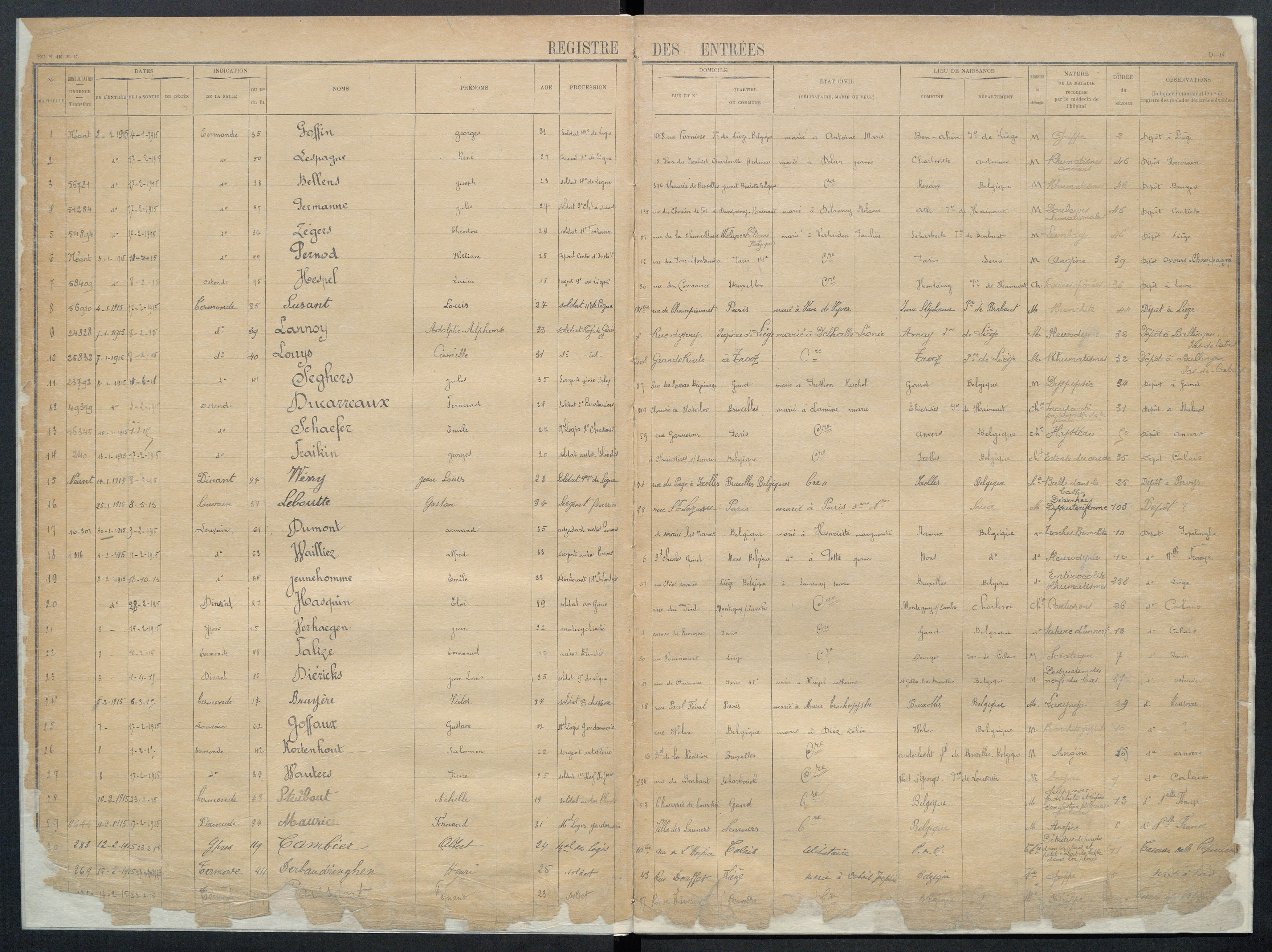 Hôpital militaire du roi Albert, registre des entrées, 1914-1916 (Archives AP-HP, 523W/1).