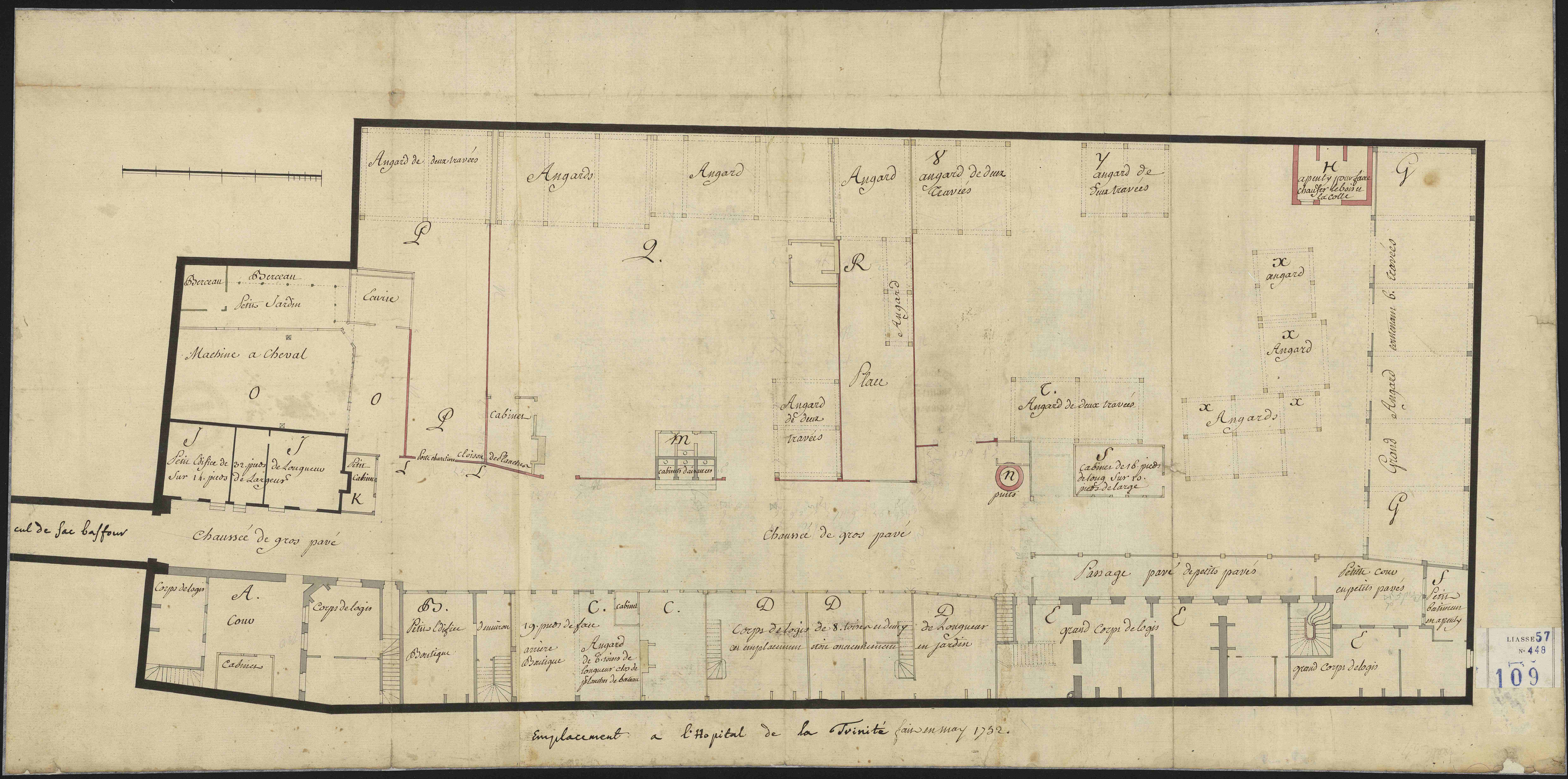 Plan du cimetière de l'Hôtel-Dieu à l'hôpital de la Trinité, mai 1752 (Archives AP-HP, CND/109).