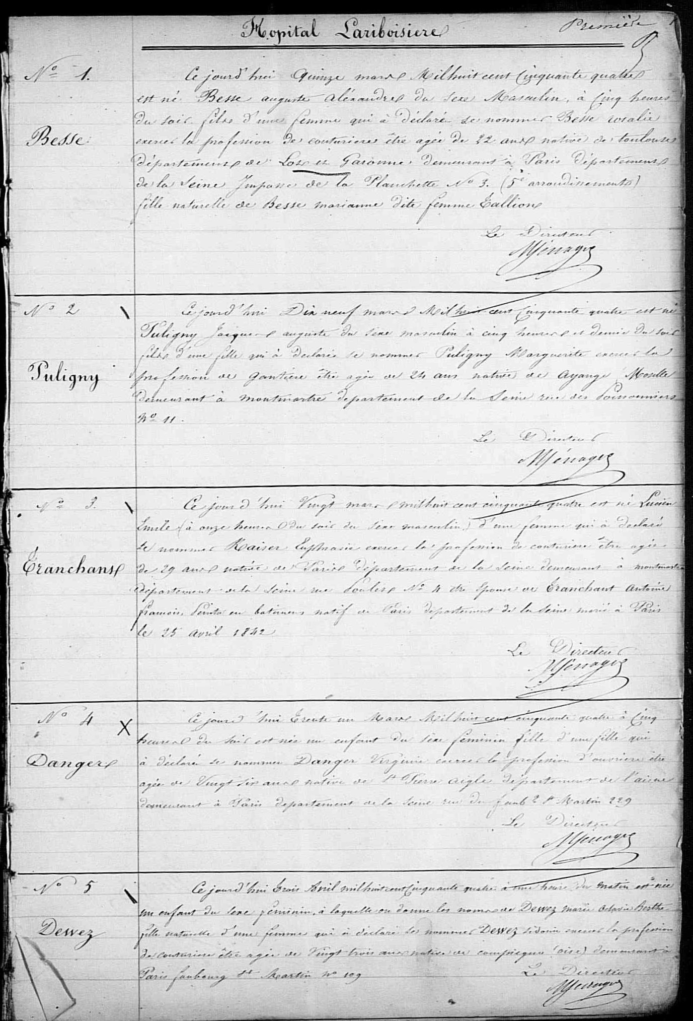 Registre des naissances de l’hôpital Lariboisière, 1854-1856. (Archives AP-HP, LRB/5/Q/1).