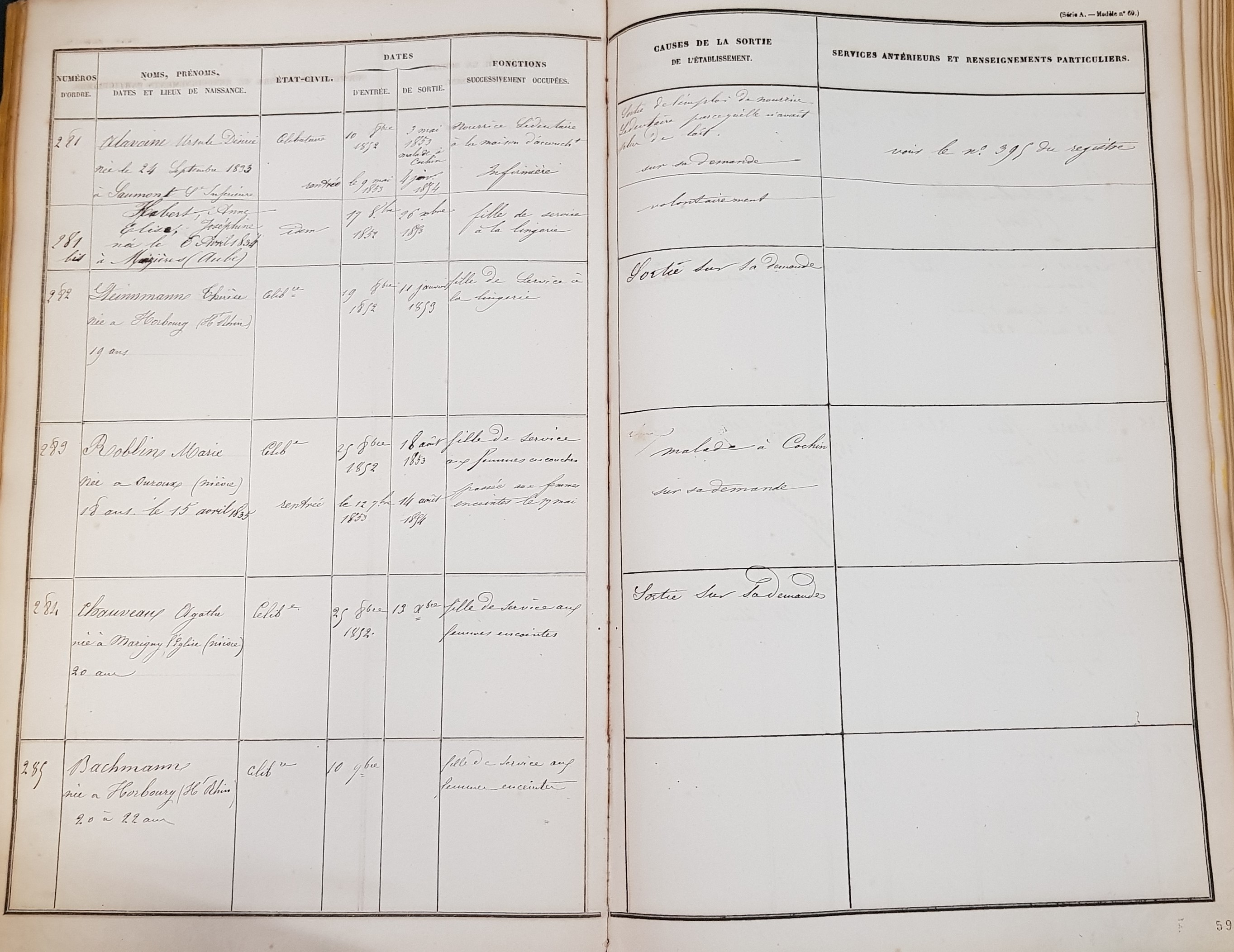 Registre d’inscriptions et d’entrées du personnel de l’hôpital Port-Royal, 1834-1858 (Archives AP-HP, PRR/1/K/7).