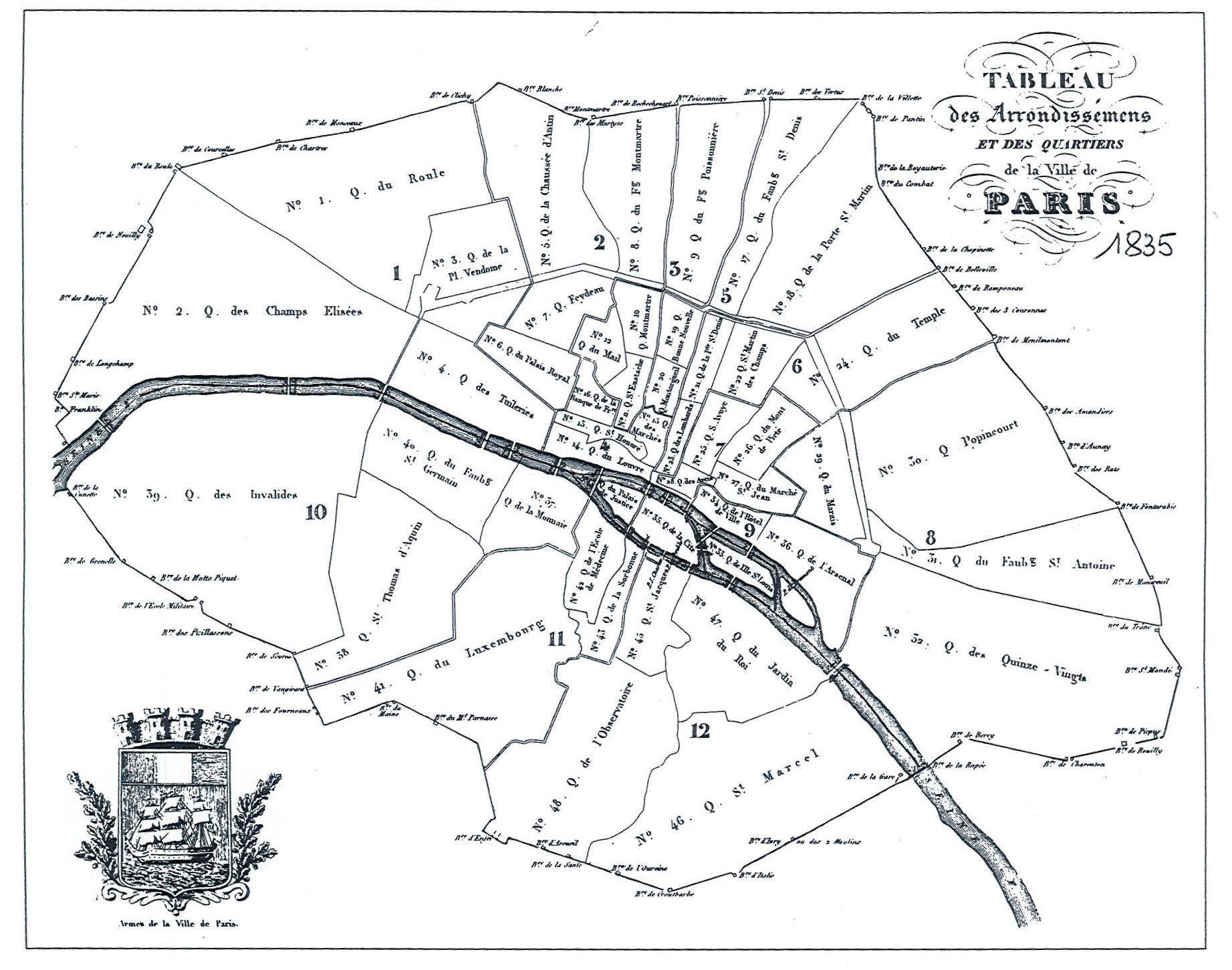 Carte de la ville de Paris présentant les anciens arrondissements, 1835.