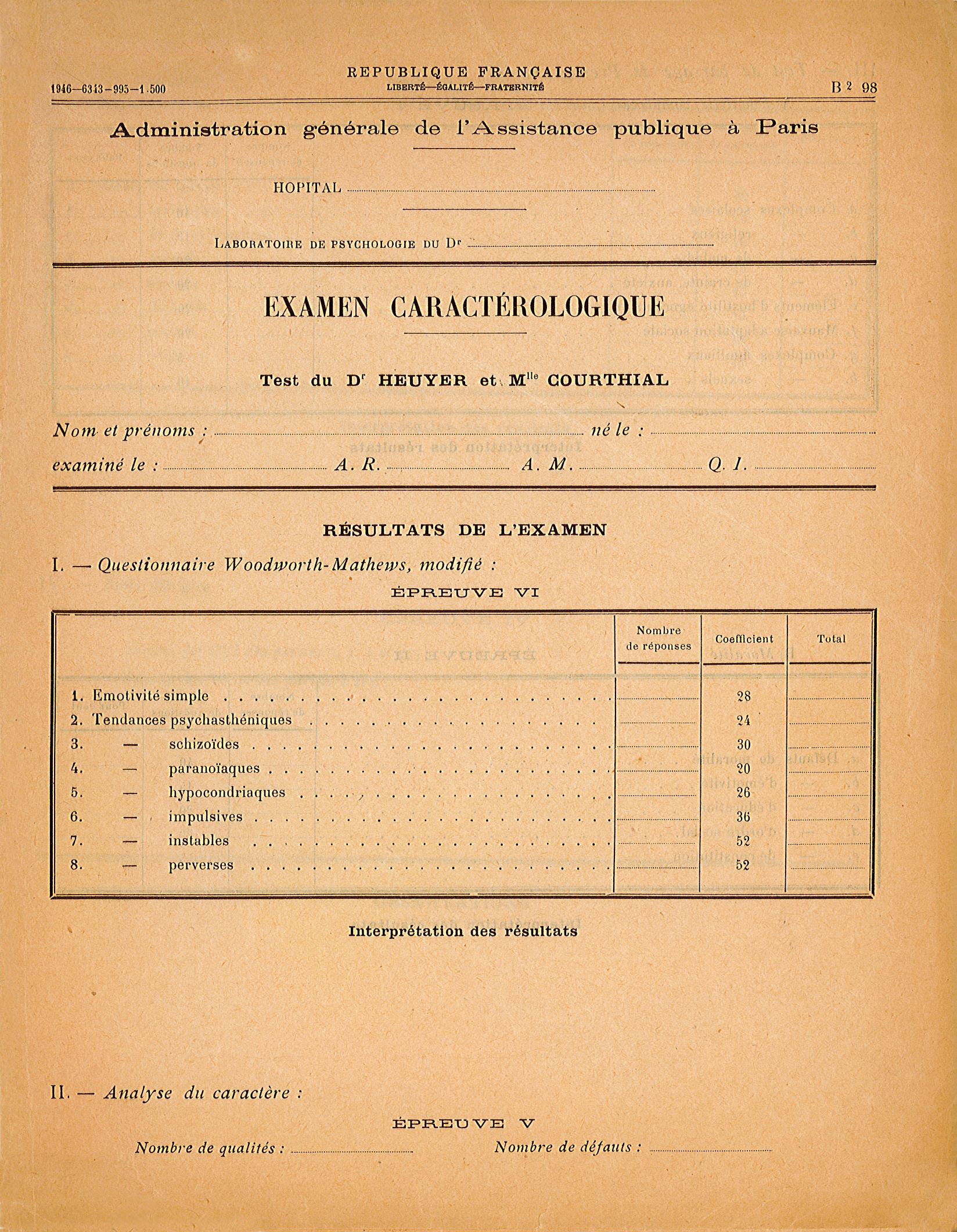 Examen caractérologique, questionnaire de Woodworth-Mathews modifié, 1946