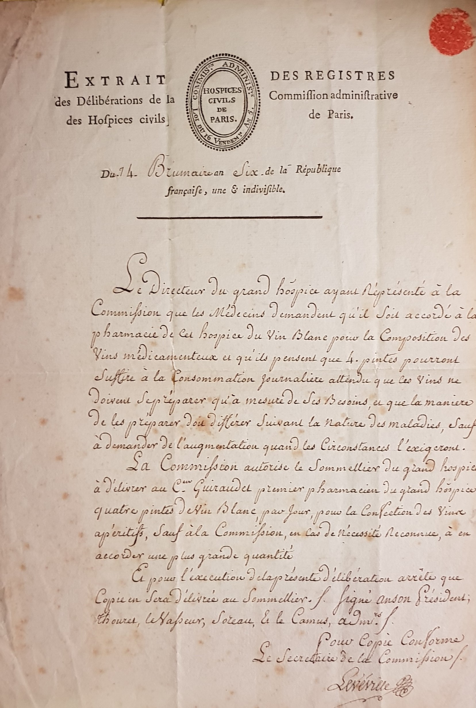 Extrait des délibérations de la commission administrative des hospices civils de Paris, octobre 1797.
