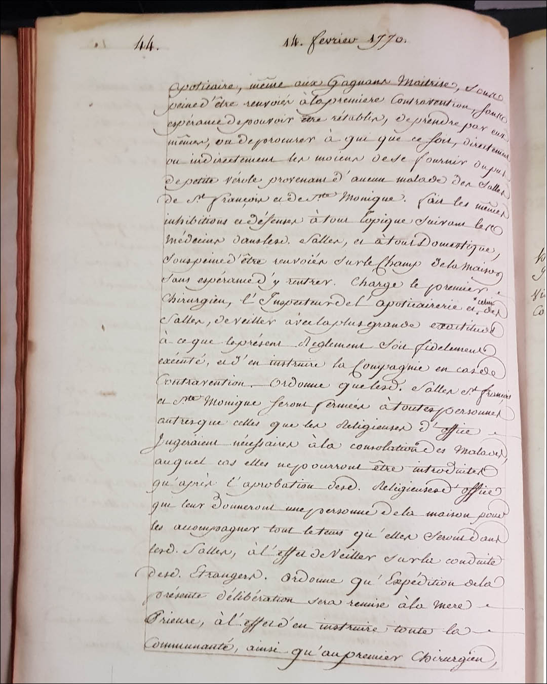 Hôtel-Dieu, registre des délibérations, séance du 14 février 1770.