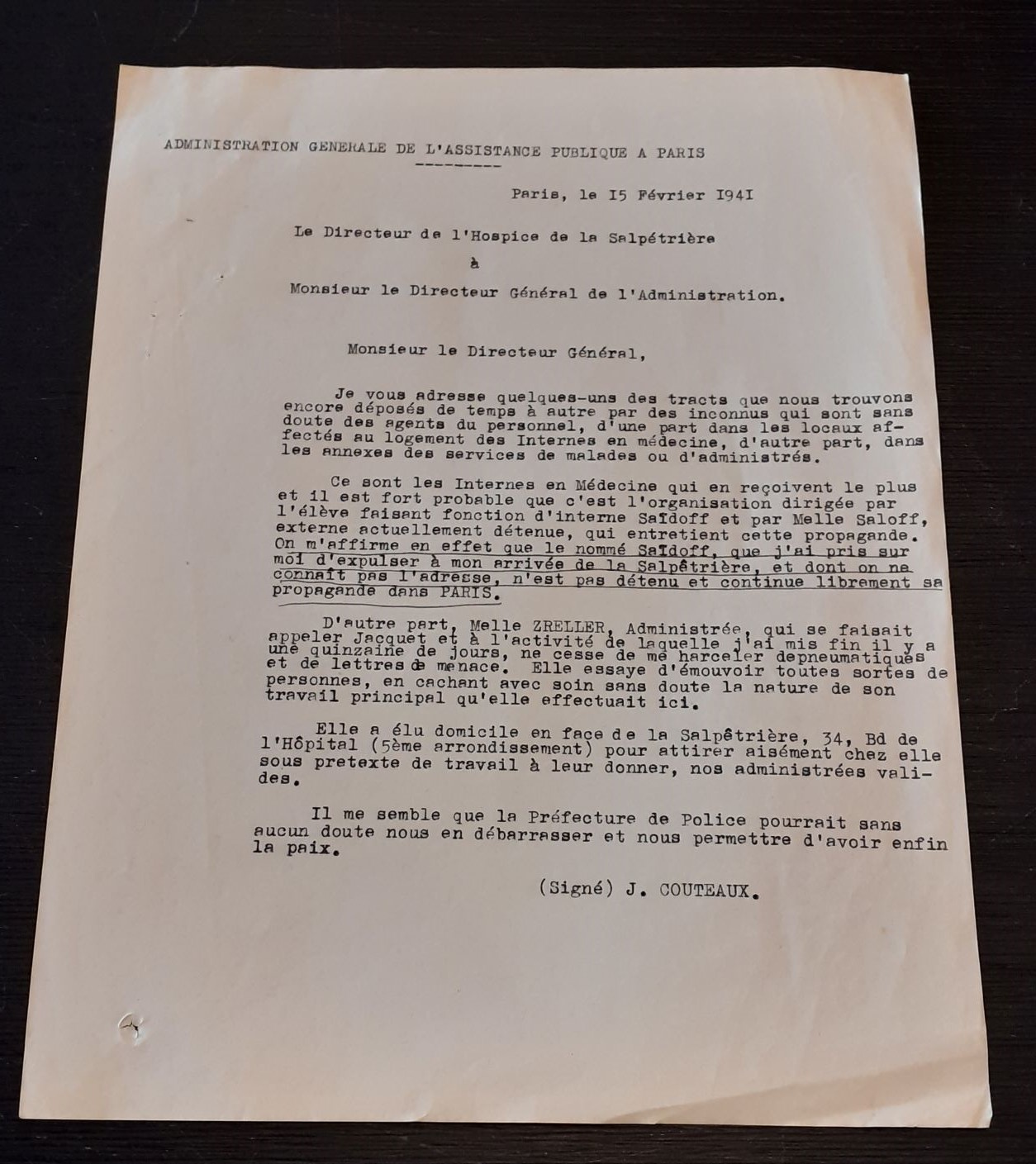 Rapport de J. Couteaux au DG Serge Gas sur l’activité des nommés Zaïdoff, Saloff et Zreller, 15 février 1941 (Archives nationales, Z/6/NL/487)