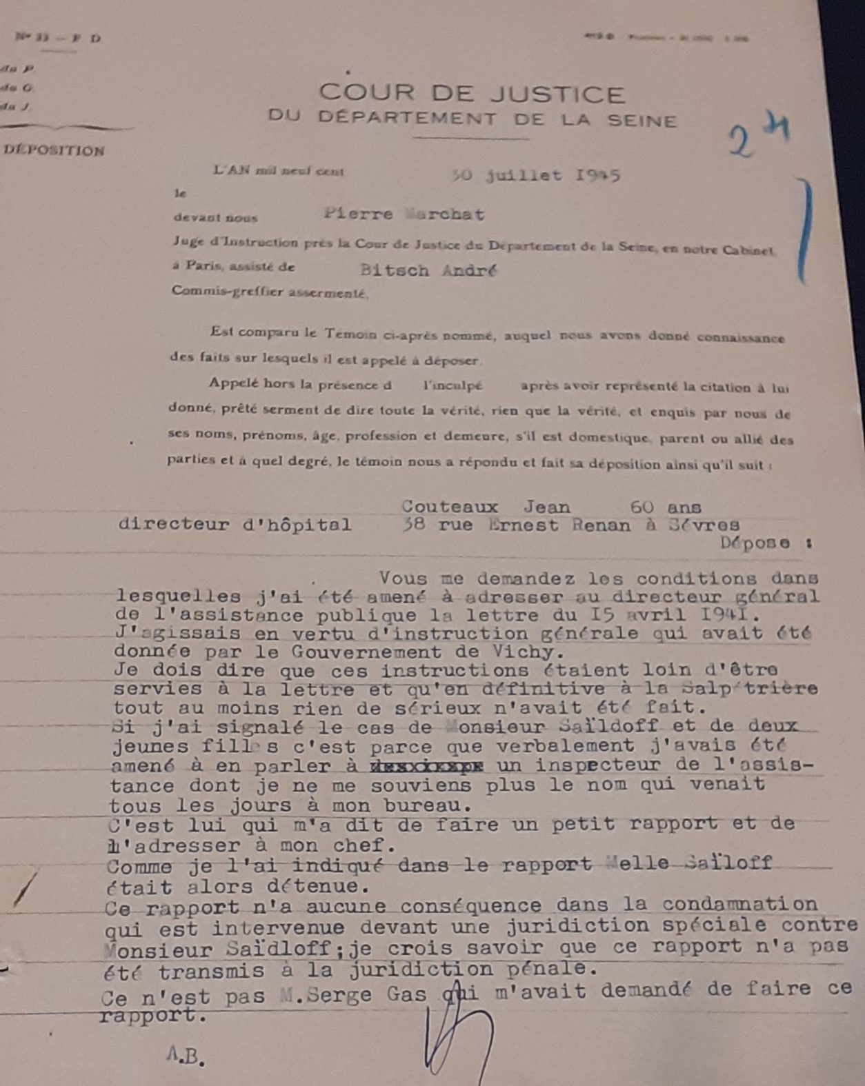 Audition de J. Couteaux par le juge lors de l’instruction du dossier S. Gas devant la cour de justice de la Seine, 30/07/1945 (Archives nationales, Z/6/NL/487)