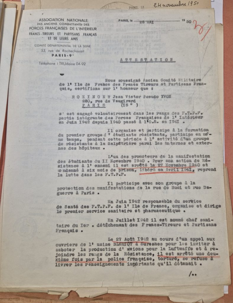 Attestation de l’association des anciens combattants des FFI, FTPF présentant les états de service de Jean Rozinoer, 1950 (Archives du SHD, Caen, 21P667900)
