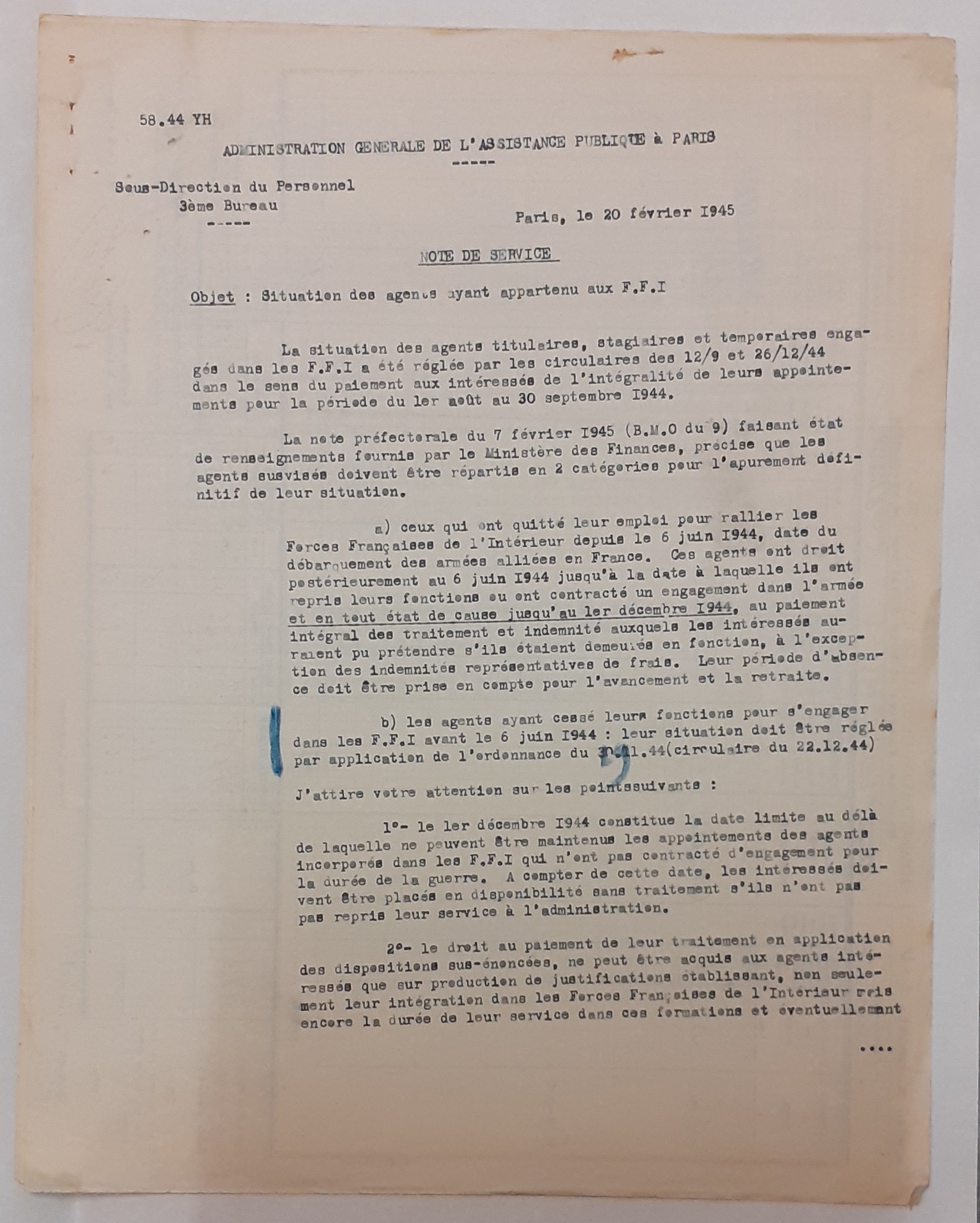 Note de service de l’administration générale de l’Assistance publique sur la situation des agents ayant appartenu aux FFI, 20 février 1945 (Archives AP-HP, 809/W/3)