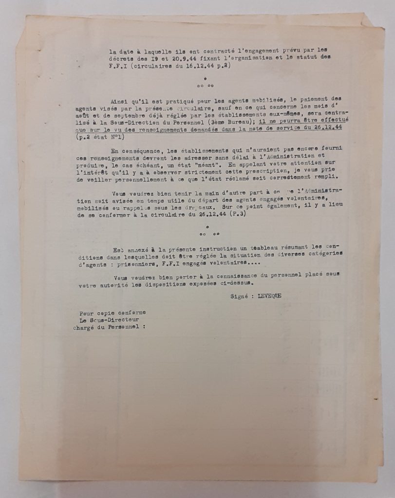 Note de service de l’administration générale de l’Assistance publique sur la situation des agents ayant appartenu aux FFI, 20 février 1945 (Archives AP-HP, 809/W/3)