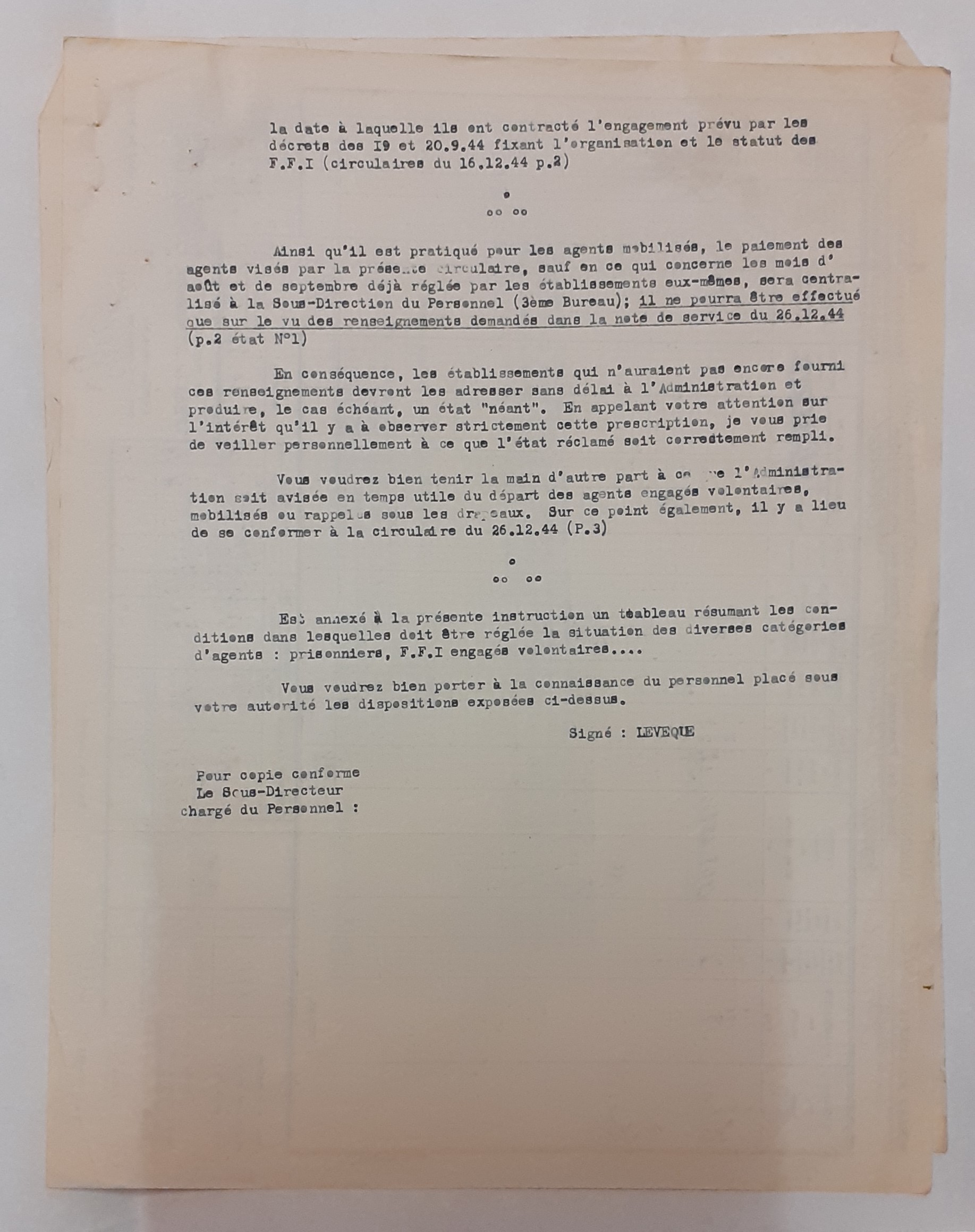 Note de service de l’administration générale de l’Assistance publique sur la situation des agents ayant appartenu aux FFI, 20 février 1945 (Archives AP-HP, 809/W/3)