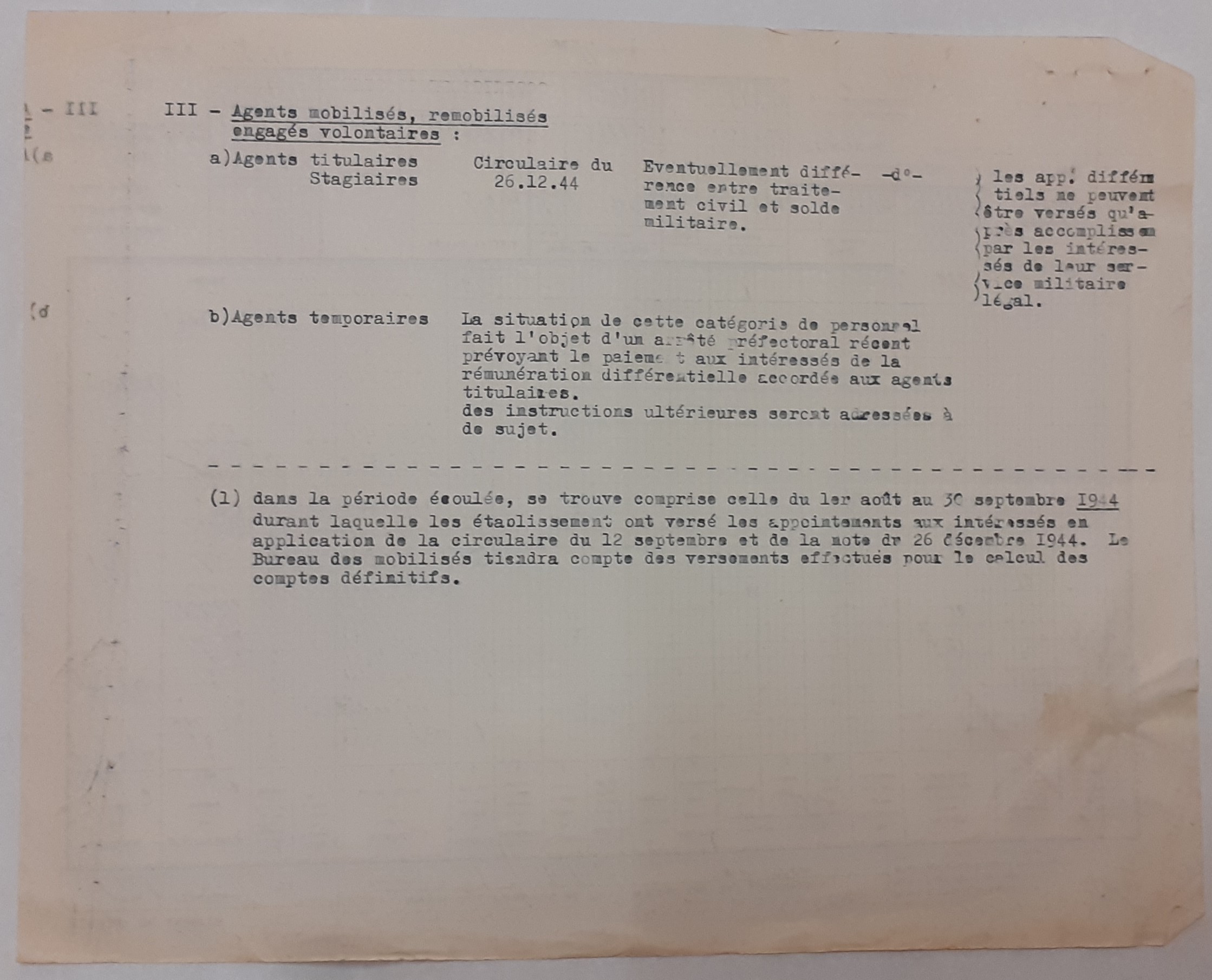 Note de service de l’administration générale de l’Assistance publique sur la situation des agents ayant appartenu aux FFI, 20 février 1945 (Archives AP-HP, 809/W/3)