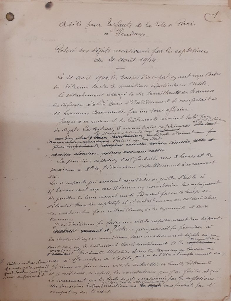 Relevé des dégâts occasionnés par les explosions du 21 août 1944 à l’asile pour enfants de la ville de Paris à Hendaye, 1944 (Archives AP-HP, 1853/W/157)
