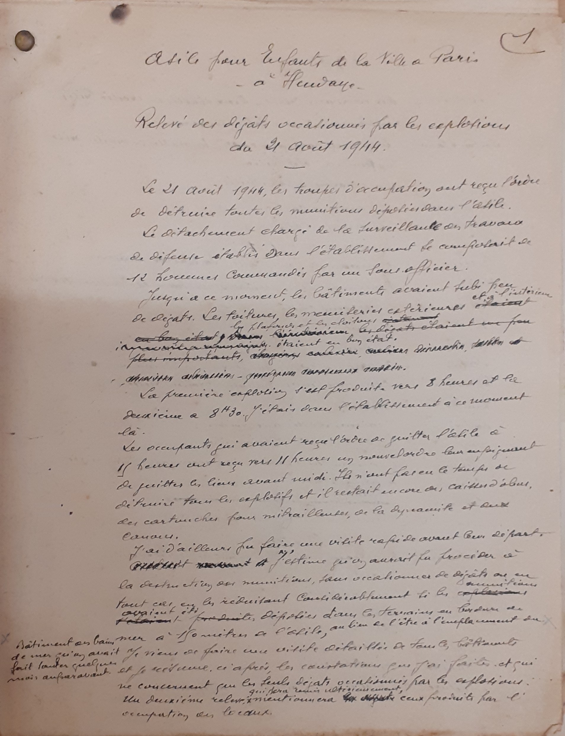 Relevé des dégâts occasionnés par les explosions du 21 août 1944 à l’asile pour enfants de la ville de Paris à Hendaye, 1944 (Archives AP-HP, 1853/W/157)