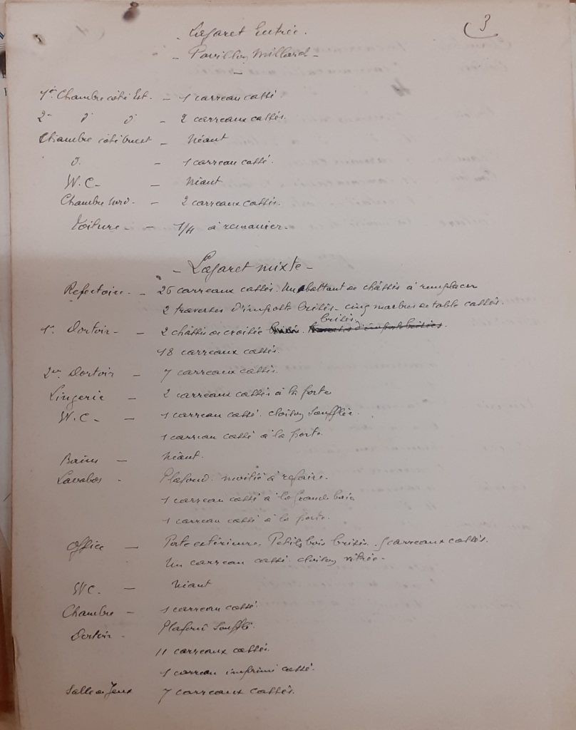 Relevé des dégâts occasionnés par les explosions du 21 août 1944 à l’asile pour enfants de la ville de Paris à Hendaye, 1944 (Archives AP-HP, 1853/W/157)