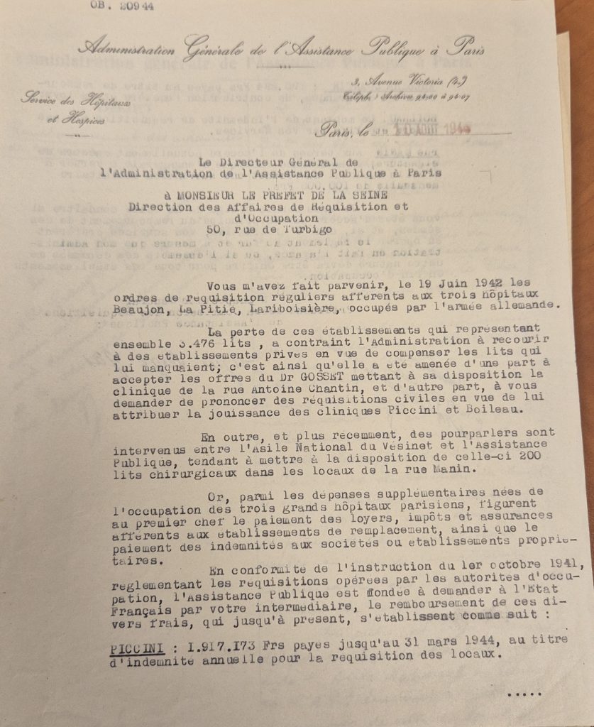 Lettre du directeur de l’Assistance publique au Préfet de la Seine concernant le remboursement des frais engendrés par les réquisitions, 30 août 1944 (Archives AP-HP, 600/FOSS/30)