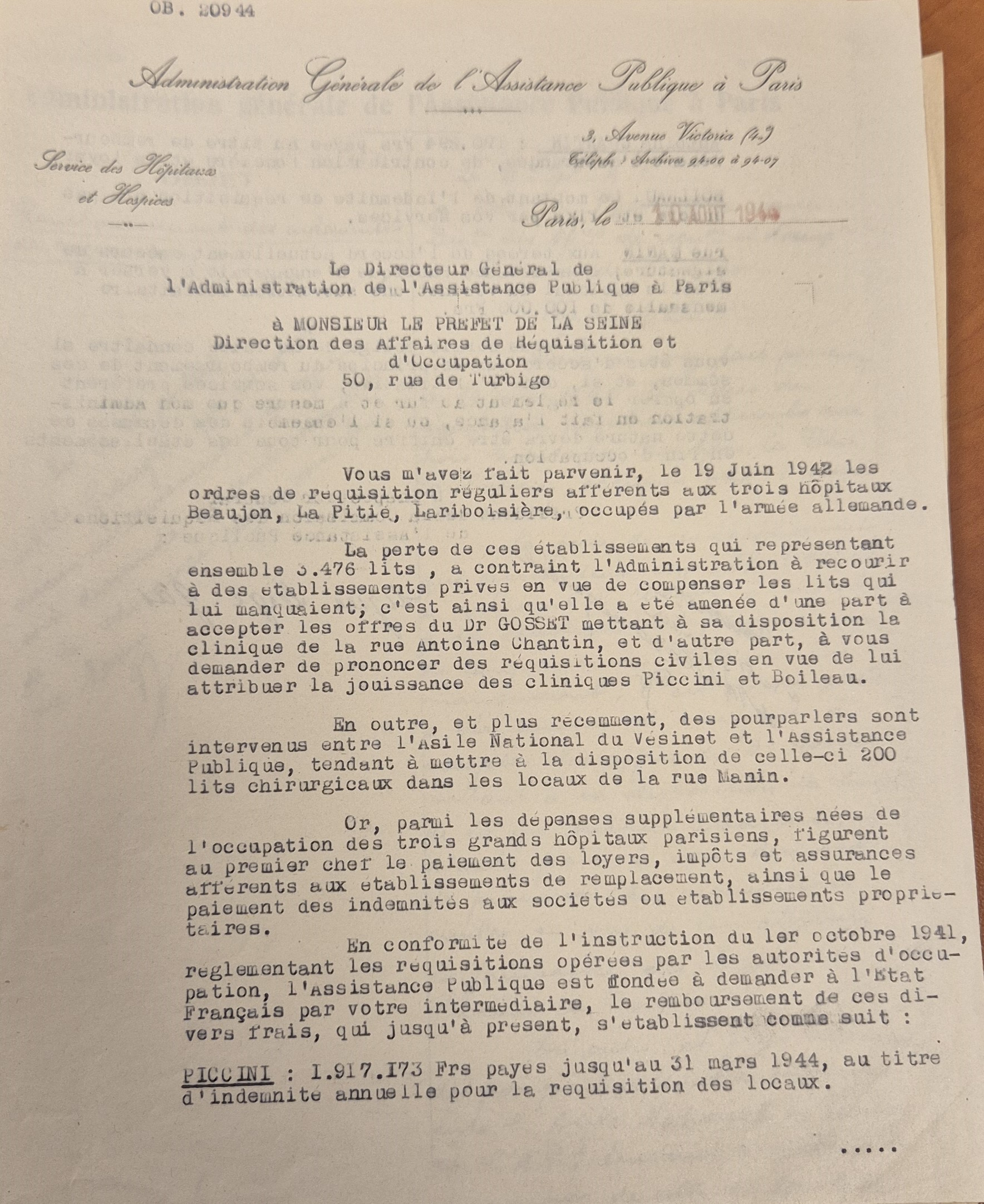 Lettre du directeur de l’Assistance publique au Préfet de la Seine concernant le remboursement des frais engendrés par les réquisitions, 30 août 1944 (Archives AP-HP, 600/FOSS/30)