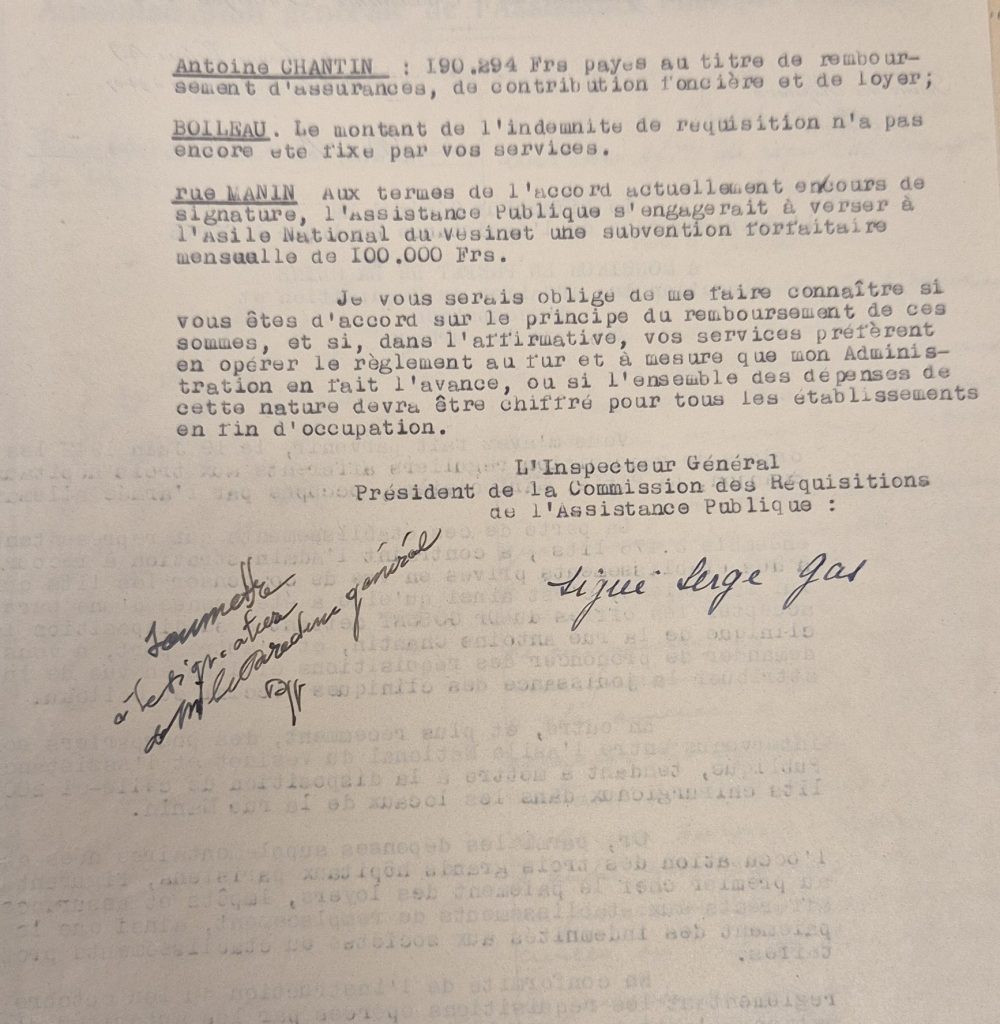 Lettre du directeur de l’Assistance publique au Préfet de la Seine concernant le remboursement des frais engendrés par les réquisitions, 30 août 1944 (Archives AP-HP, 600/FOSS/30)