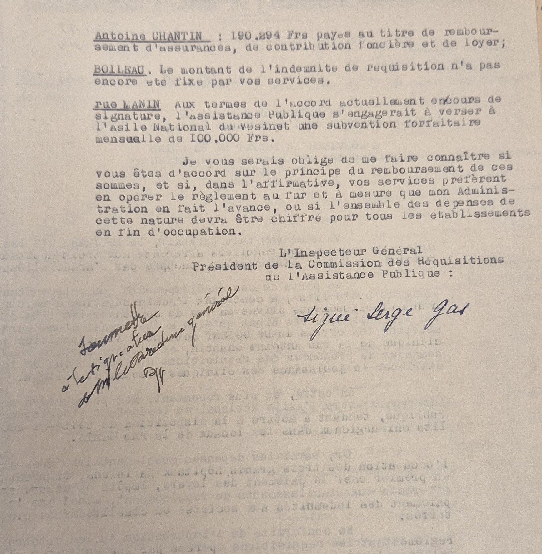 Lettre du directeur de l’Assistance publique au Préfet de la Seine concernant le remboursement des frais engendrés par les réquisitions, 30 août 1944 (Archives AP-HP, 600/FOSS/30)