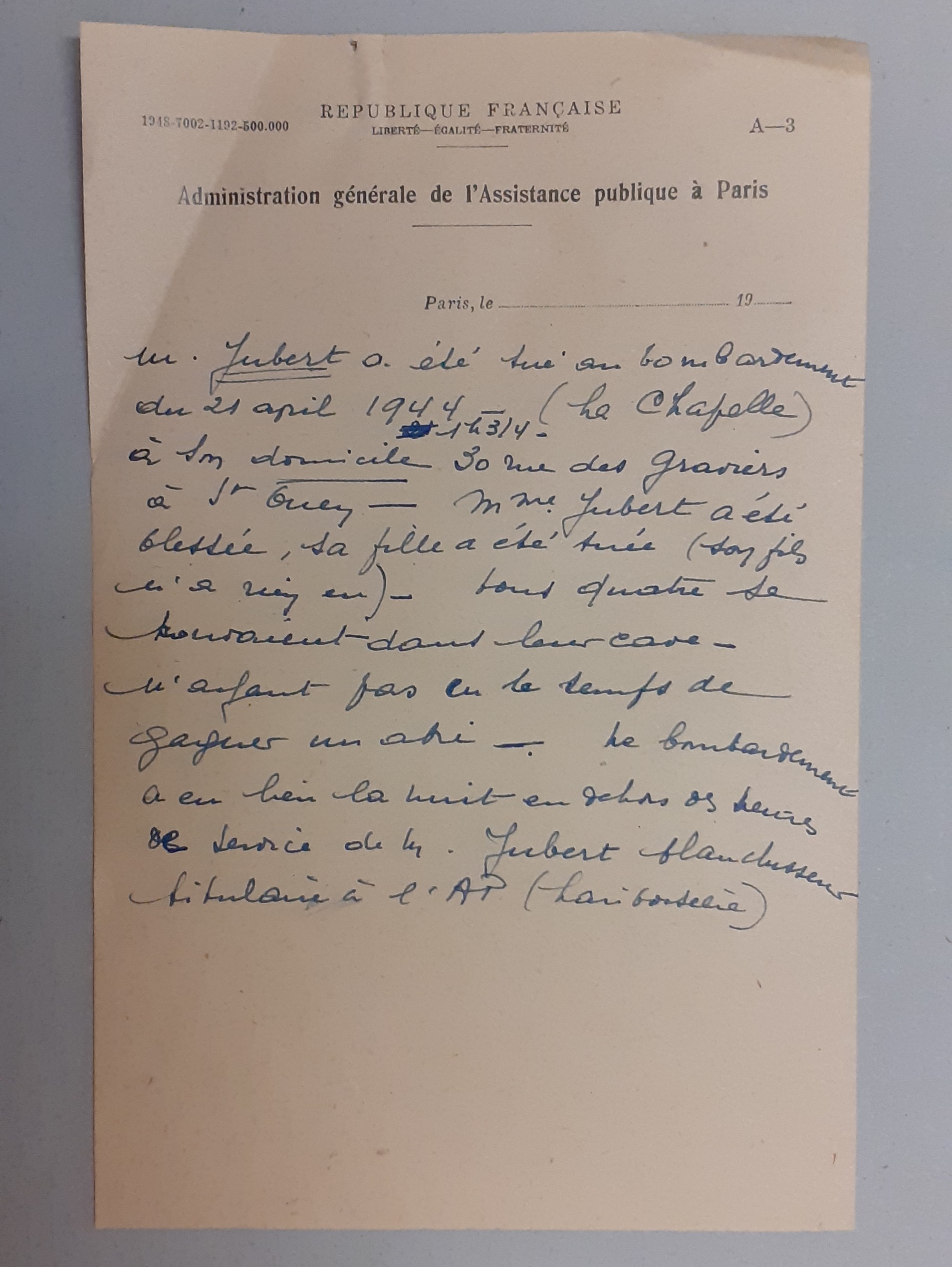 Note de l’Assistance publique concernant le décès de Jean Jubert, années 1940 (Archives AP-HP, PO/309/6)