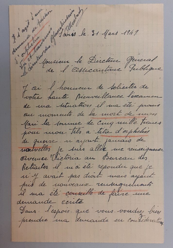 Lettre de madame Joubert demandant la somme de 5 000 francs pour son fils, à titre d’orphelin de guerre, 31 mars 1949 (Archives AP-HP, PO/309/6)