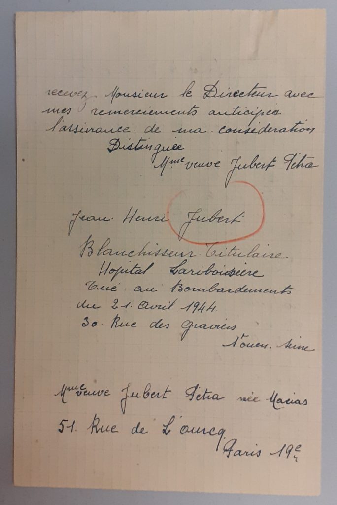 Lettre de madame Joubert demandant la somme de 5 000 francs pour son fils, à titre d’orphelin de guerre, 31 mars 1949 (Archives AP-HP, PO/309/6)