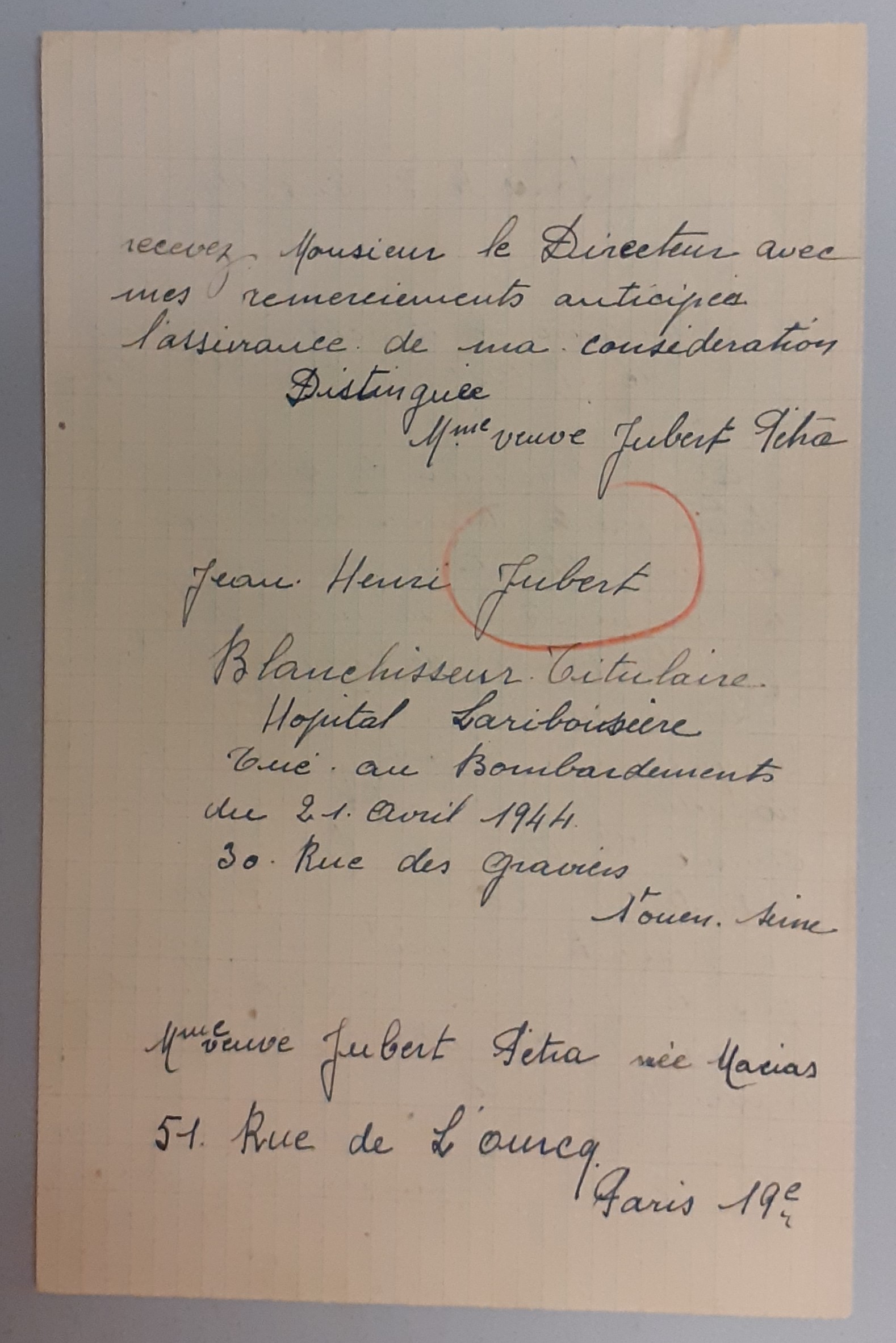 Lettre de madame Joubert demandant la somme de 5 000 francs pour son fils, à titre d’orphelin de guerre, 31 mars 1949 (Archives AP-HP, PO/309/6)