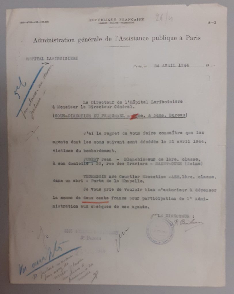 Note de l’Assistance publique concernant le décès de Jean Jubert, années 1940 (Archives AP-HP, PO/309/6)