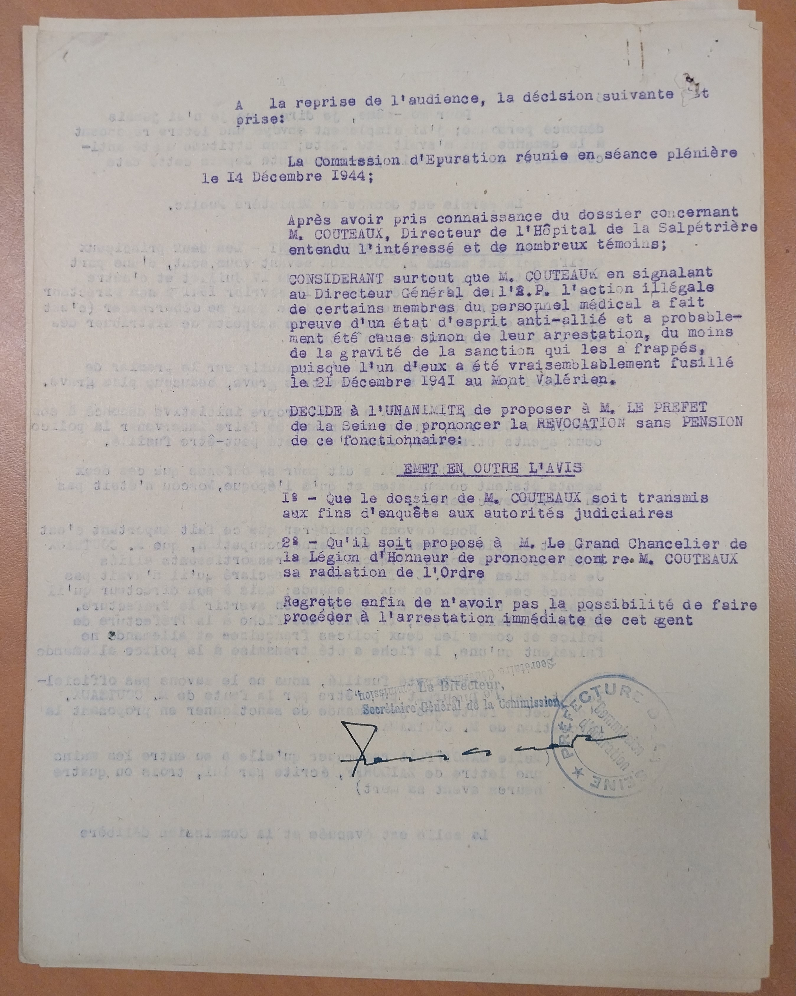 PV audition J. Couteaux devant la commission d’épuration de la préfecture de la Seine , 14/12/1944 (805/FOSS/8)