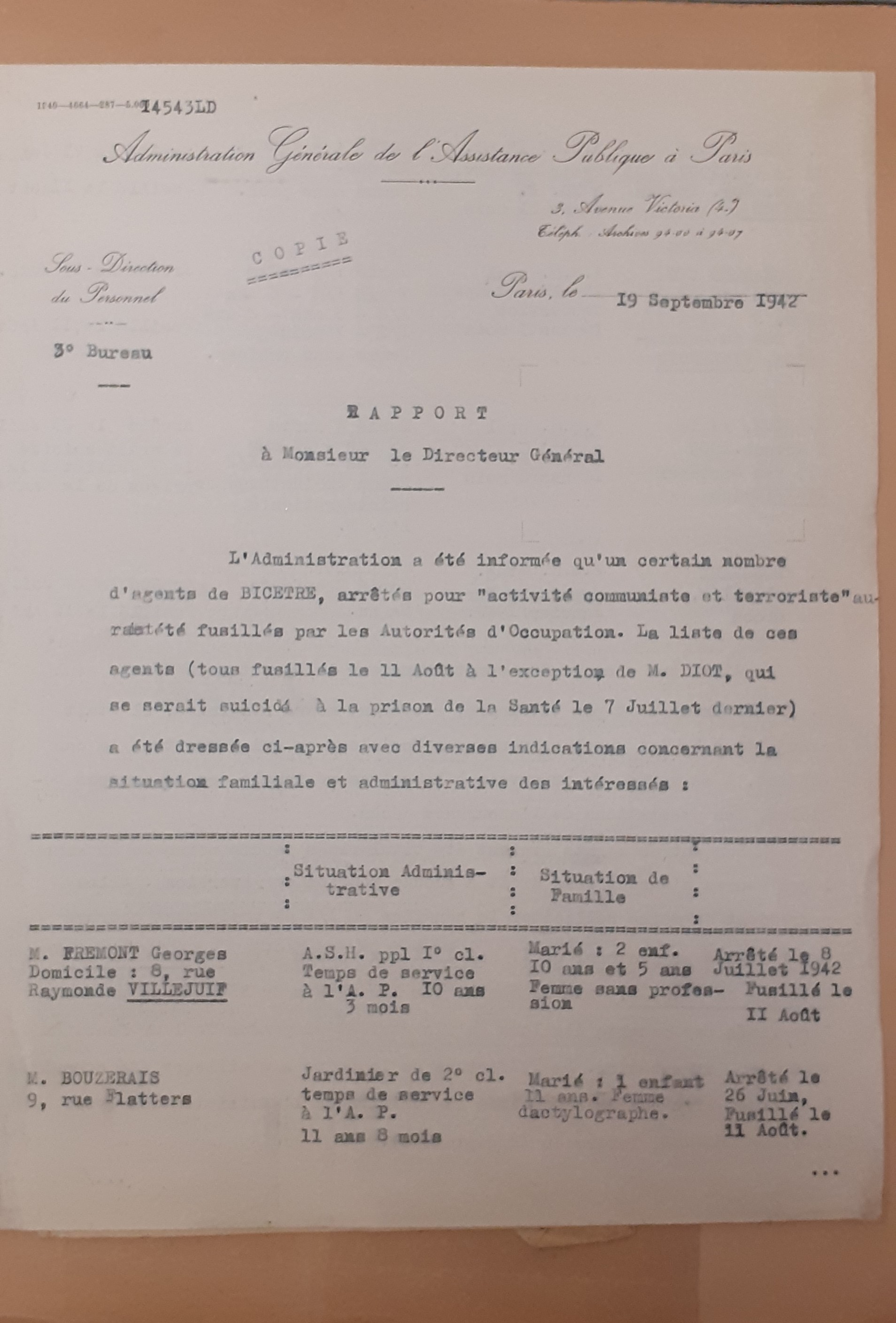 Rapport de l’Administration de l’assistance publique sur l’arrestation et l’exécution de personnels, 19 septembre 1942 (Archives AP-HP, 22/W/151)