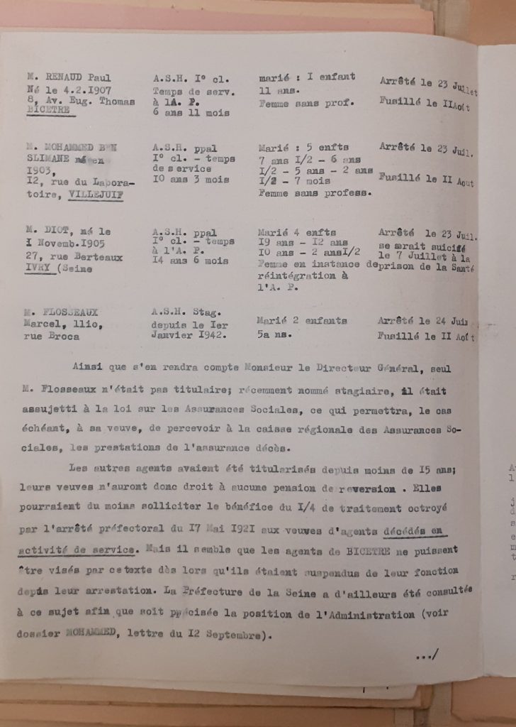 Rapport de l’Administration de l’assistance publique sur l’arrestation et l’exécution de personnels, 19 septembre 1942 (Archives AP-HP, 22/W/151)