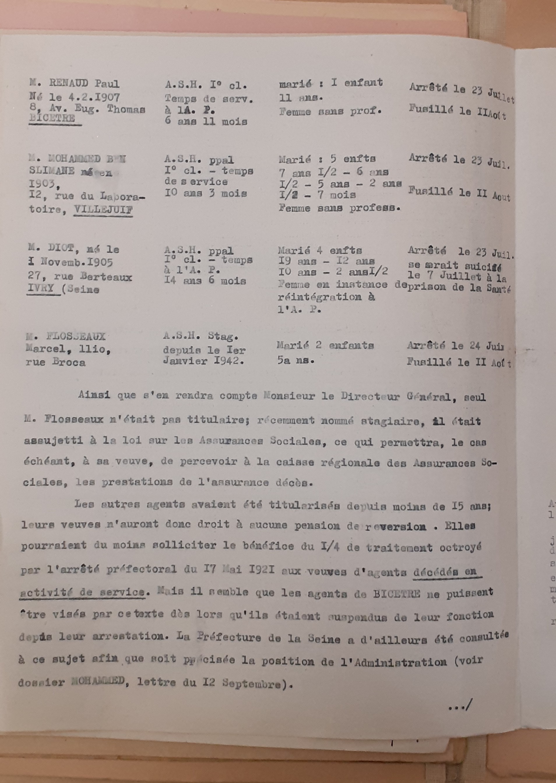 Rapport de l’Administration de l’assistance publique sur l’arrestation et l’exécution de personnels, 19 septembre 1942 (Archives AP-HP, 22/W/151)