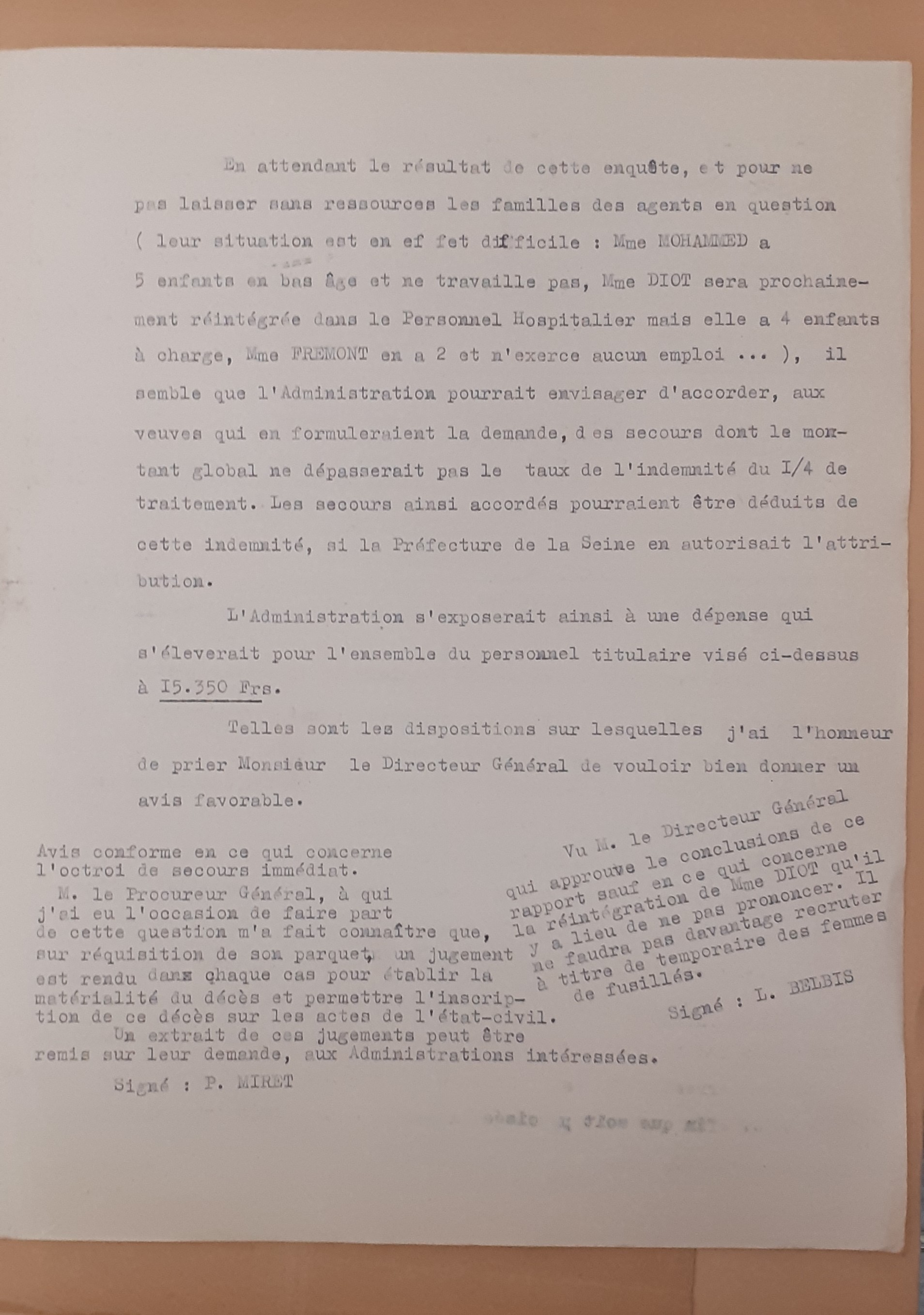 Rapport de l’Administration de l’assistance publique sur l’arrestation et l’exécution de personnels, 19 septembre 1942 (Archives AP-HP, 22/W/151)