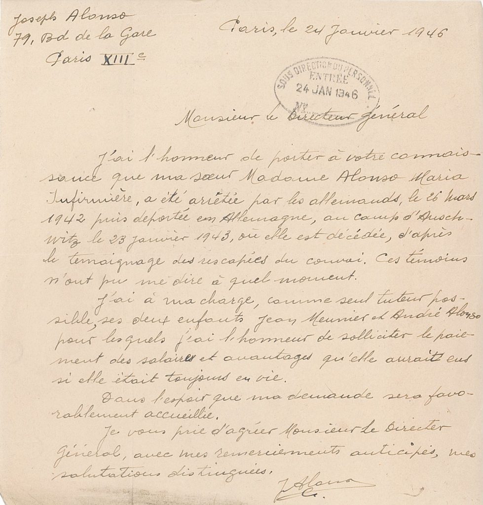 Lettre de Joseph Alonso au directeur général de l’Assistance publique concernant les circonstances de décès de sa soeur et demandant un secours pour ses deux enfants dont il a la charge, 24 janvier 1946 (Archives AP-HP, 22/W/5/13)