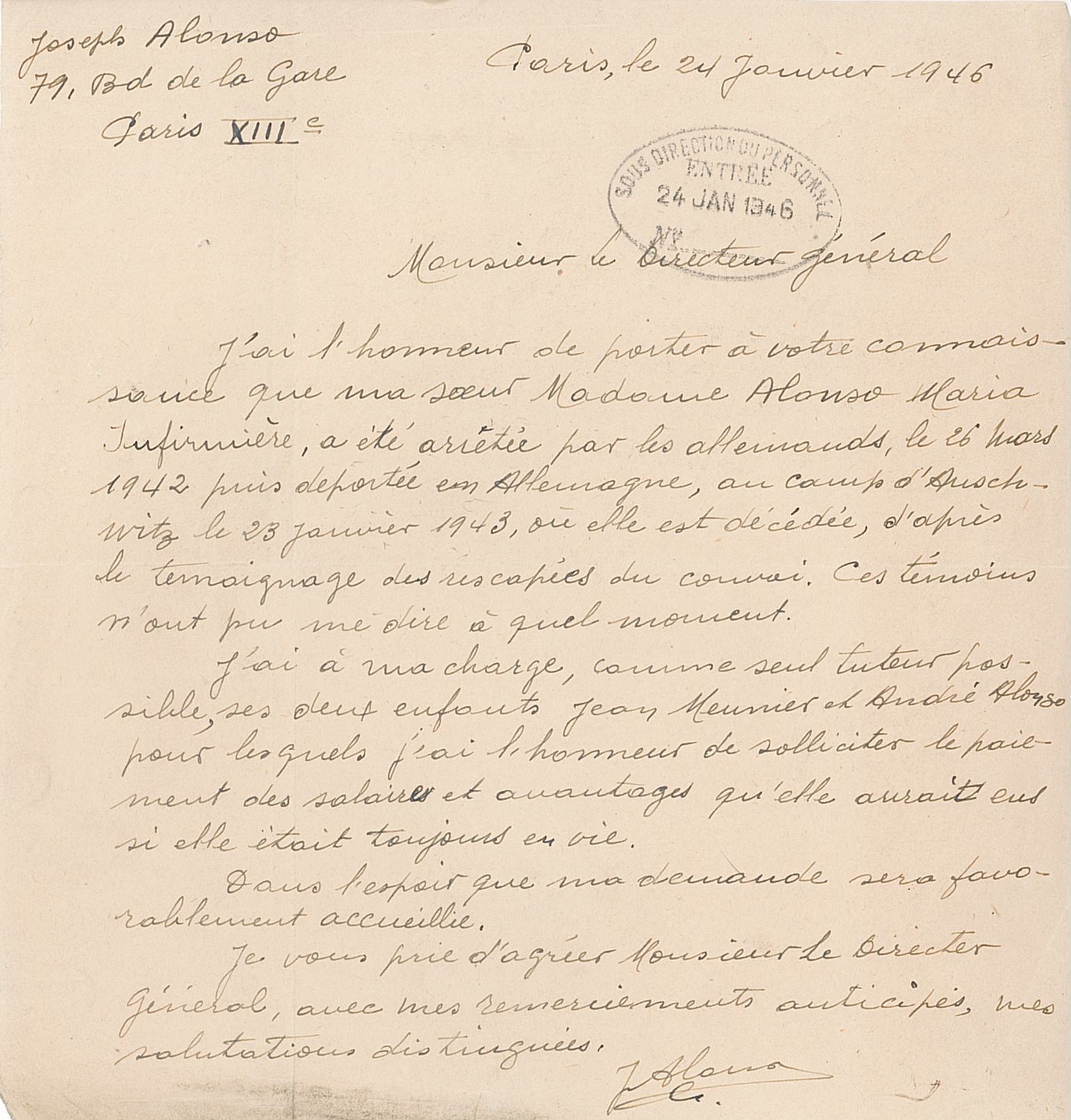 Lettre de Joseph Alonso au directeur général de l’Assistance publique concernant les circonstances de décès de sa soeur et demandant un secours pour ses deux enfants dont il a la charge, 24 janvier 1946 (Archives AP-HP, 22/W/5/13)
