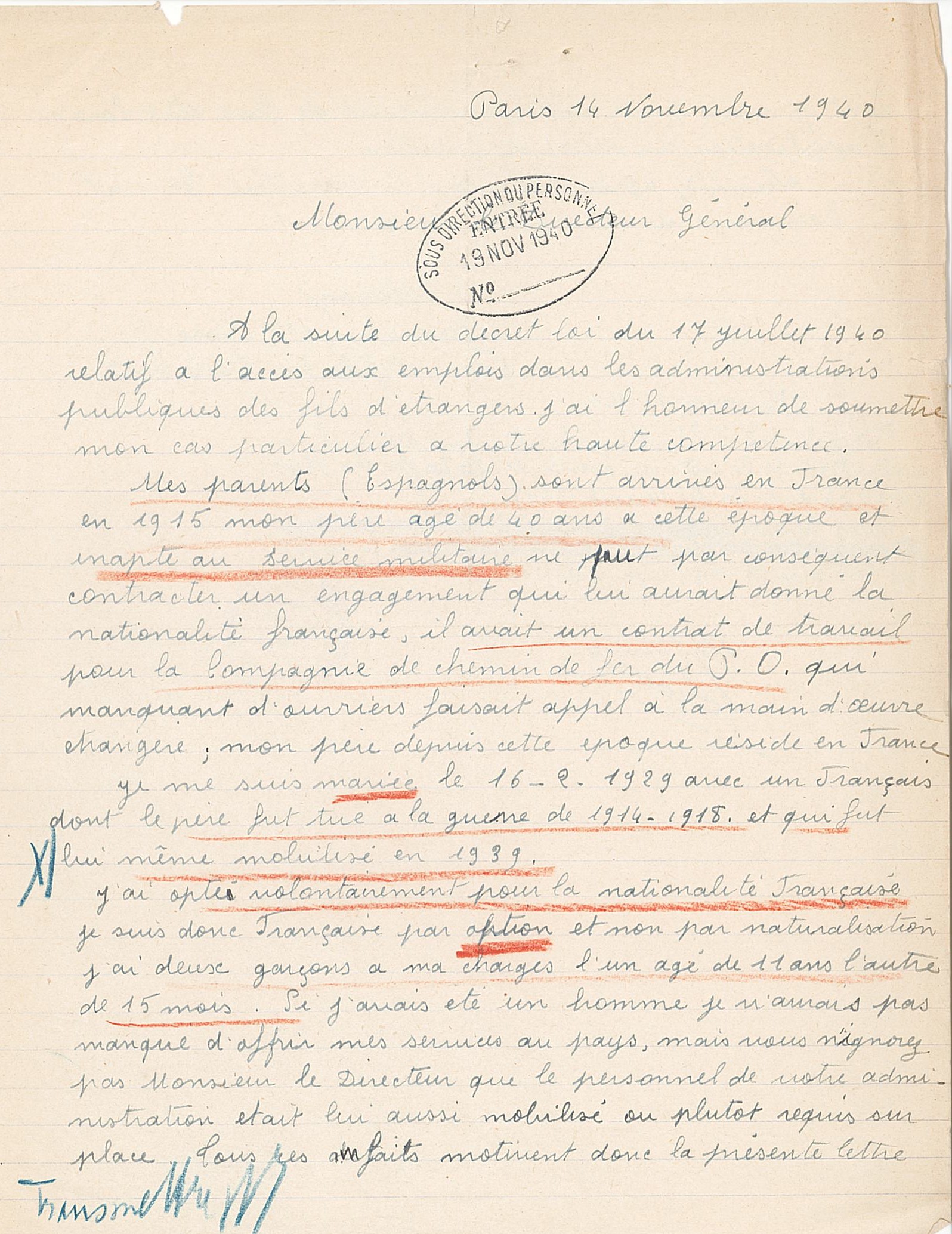Lettre d’ Maria Alonso au directeur général de l’Assistance publique concernant sa réintégration, 14 novembre 1940 (Archives AP-HP, 22/W/5/13)