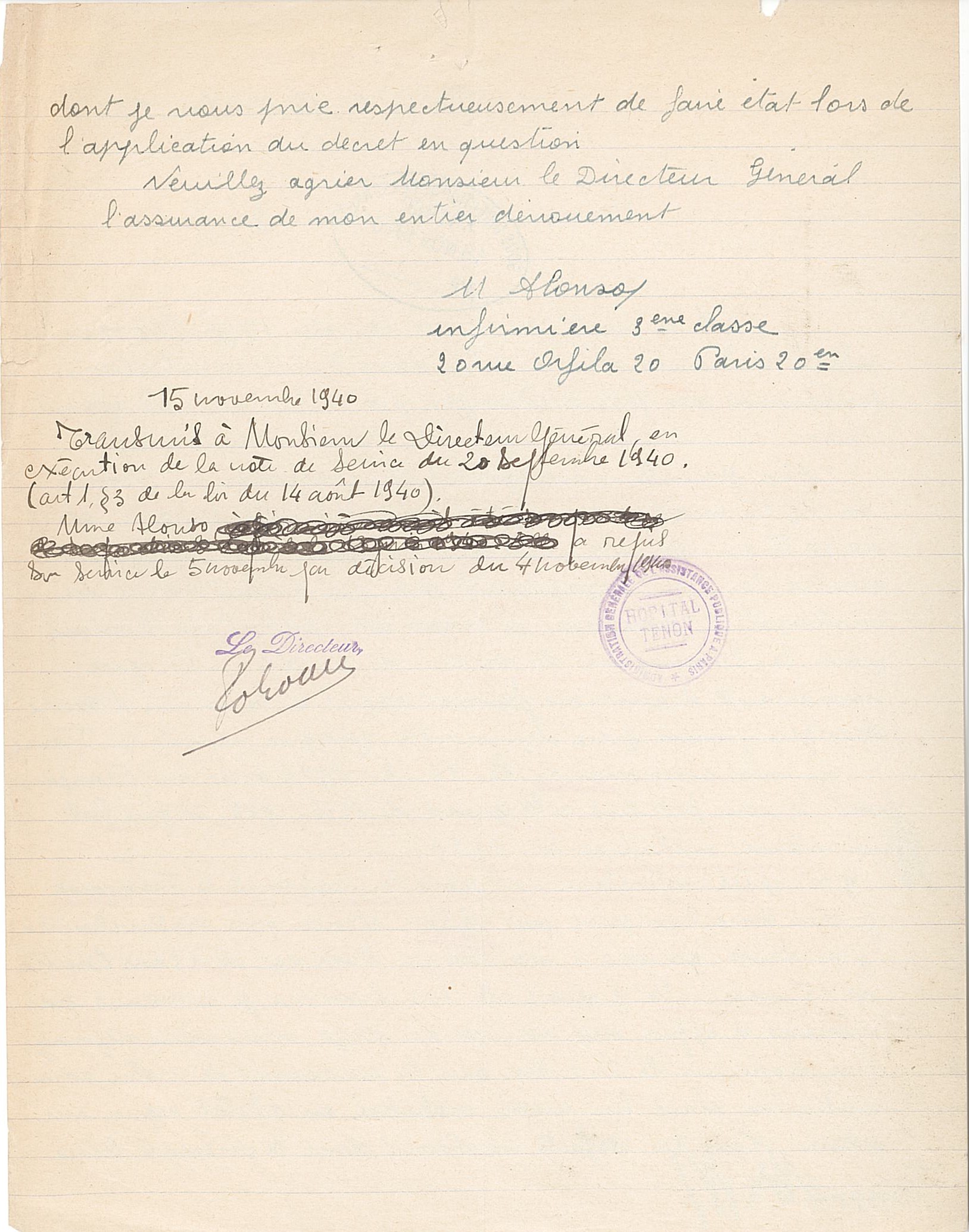 Lettre d’ Maria Alonso au directeur général de l’Assistance publique concernant sa réintégration, 14 novembre 1940 (Archives AP-HP, 22/W/5/13)